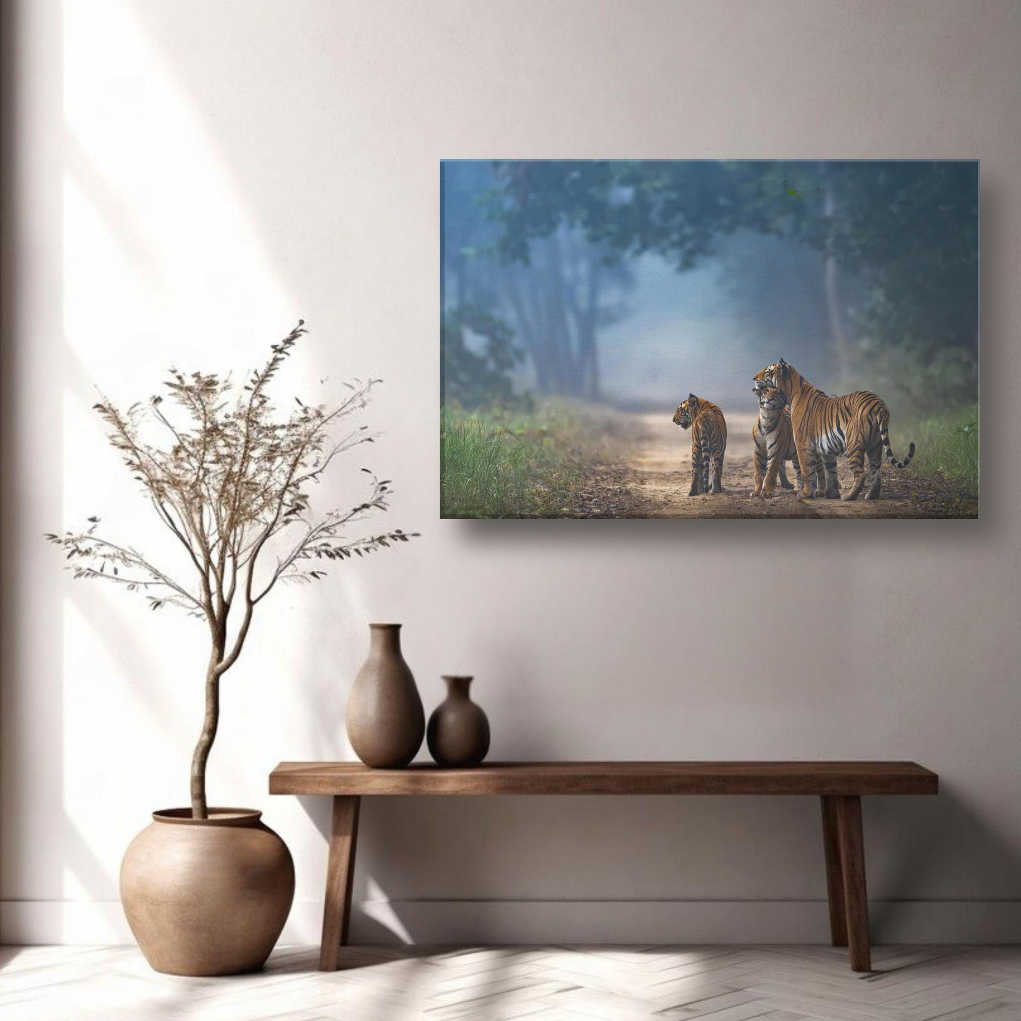 Majestic tigers in a misty forest on canvas art, showcasing strength and unity in nature.