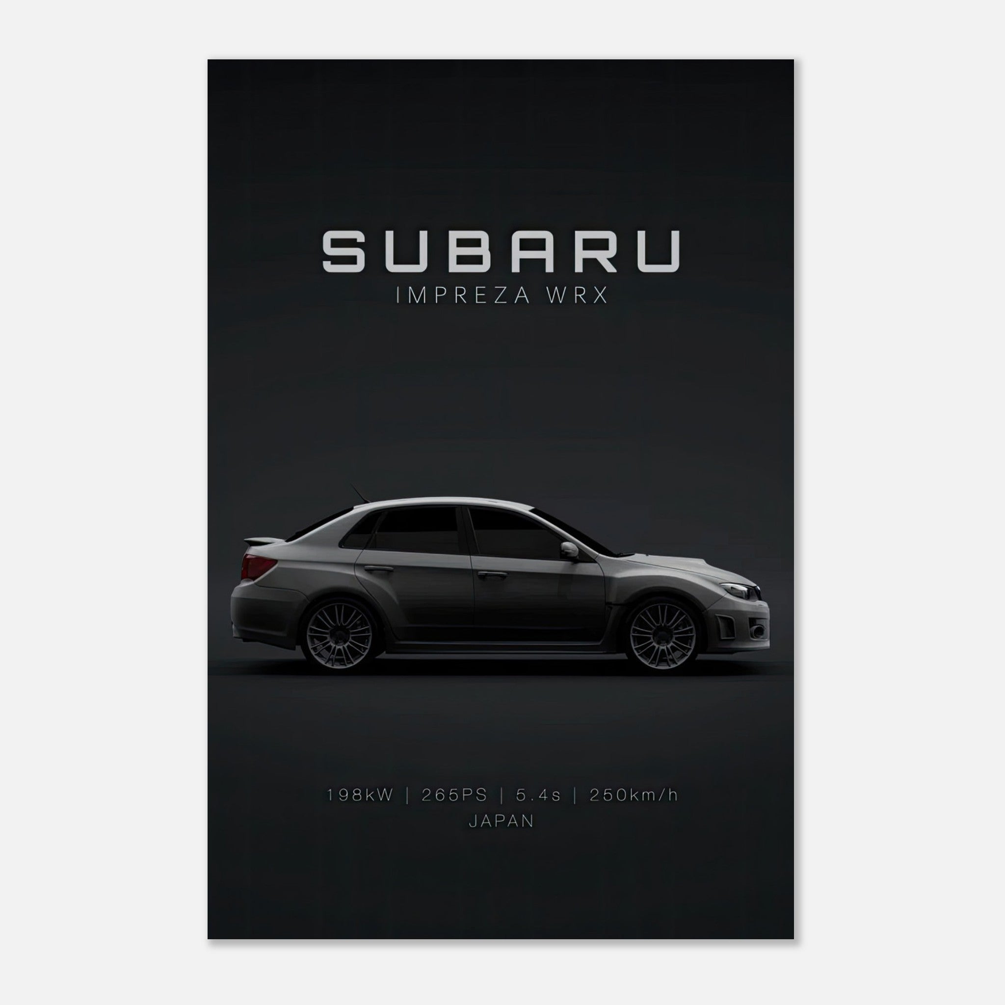 Sleek Subaru Impreza WRX metal print showcasing performance specs and a modern design.