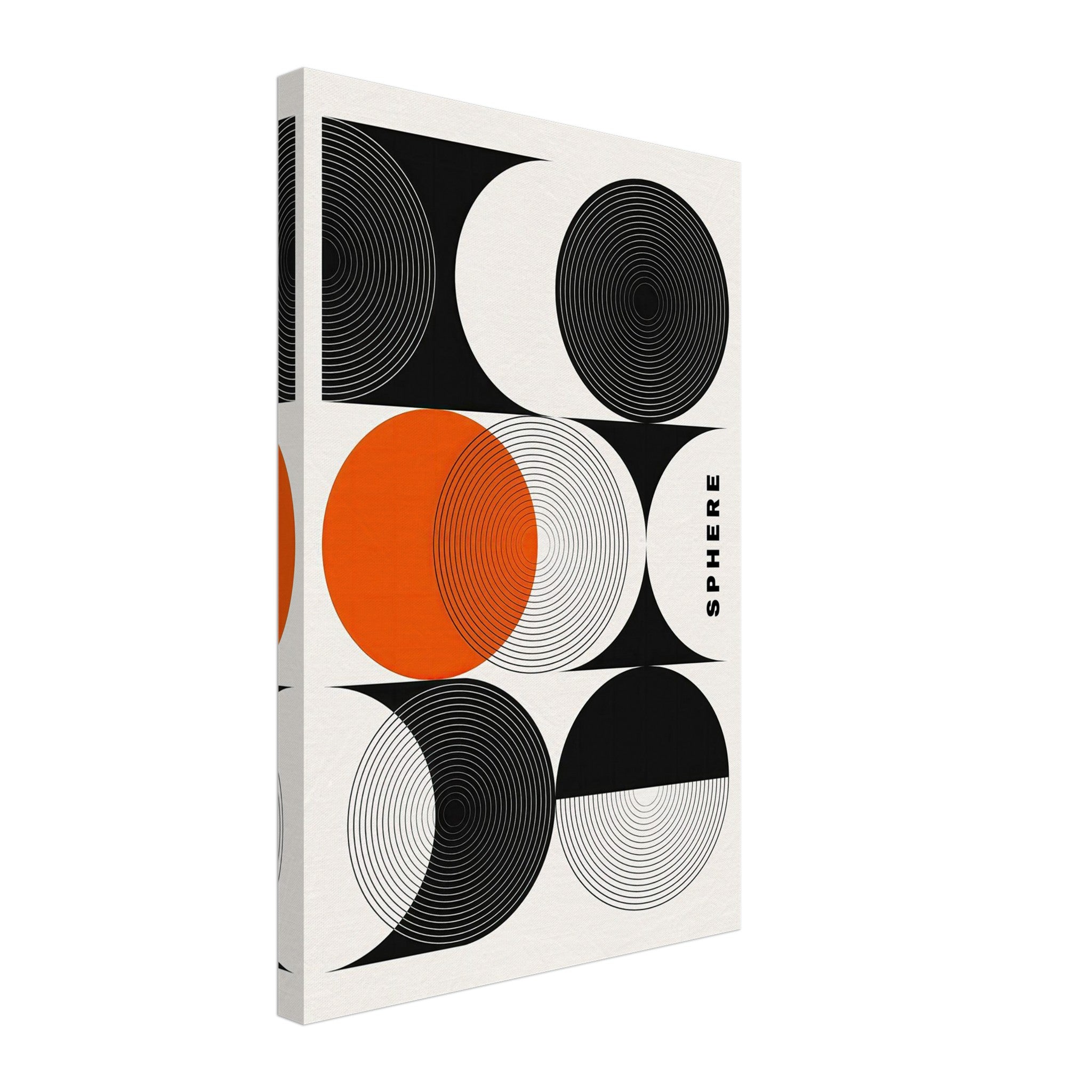 Abstract geometric sphere art canvas print featuring bold black, white, and vibrant orange circular patterns.
