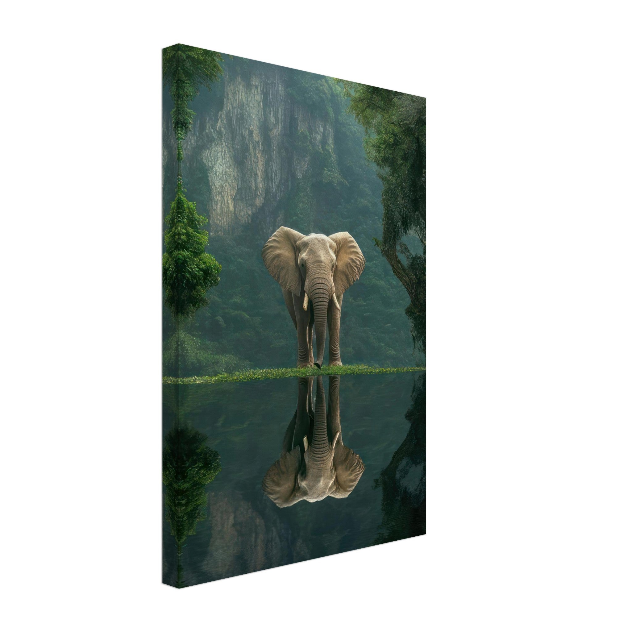 Majestic elephant portrait canvas print reflecting in a serene jungle pool, capturing strength and tranquility.