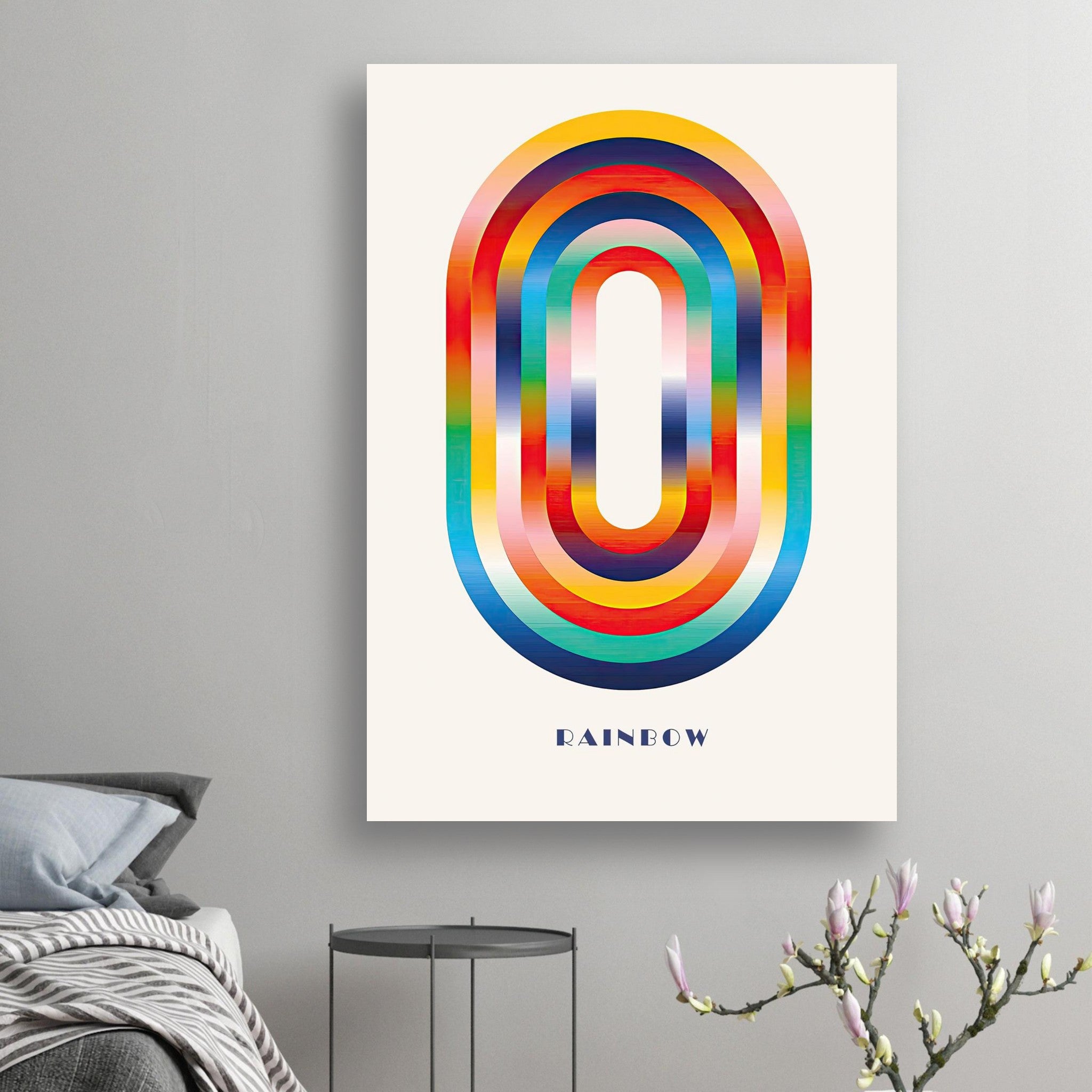 Abstract Rainbow Geometric Art Poster featuring colorful concentric shapes, perfect for brightening modern spaces.