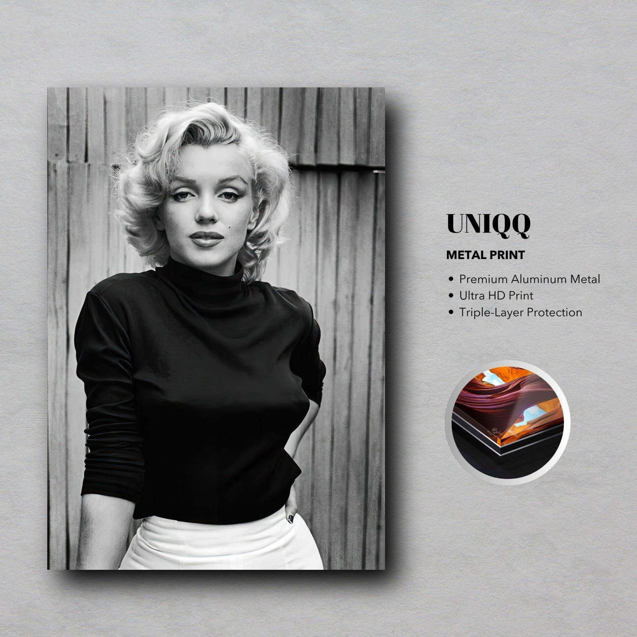 Marilyn Monroe Portrait Metal Print in black and white, showcasing Hollywood elegance on premium aluminum.