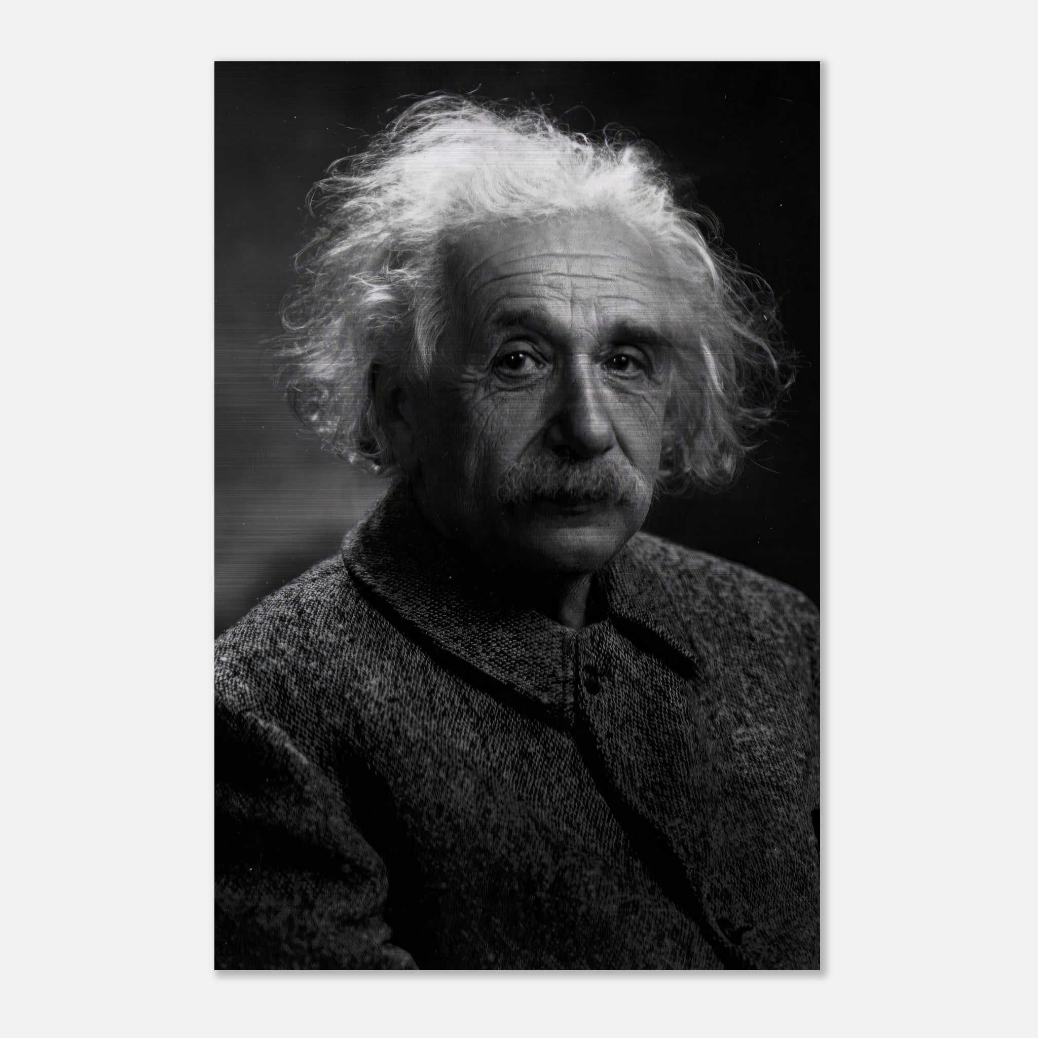 Albert Einstein portrait on brushed metal, showcasing his thoughtful gaze in high-definition black-and-white.