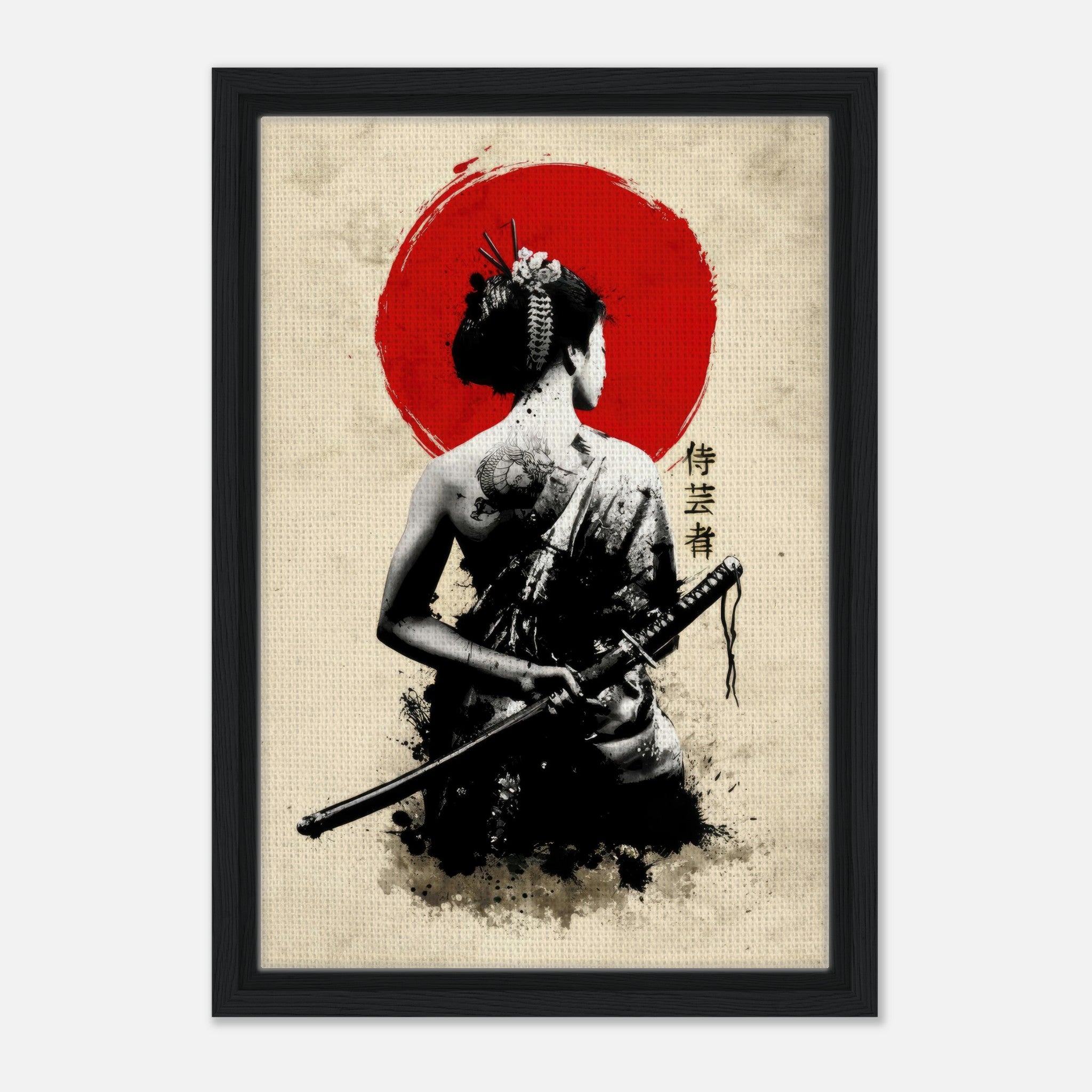 Framed canvas artwork of a geisha with katana, red sun background, symbolizing strength and elegance.