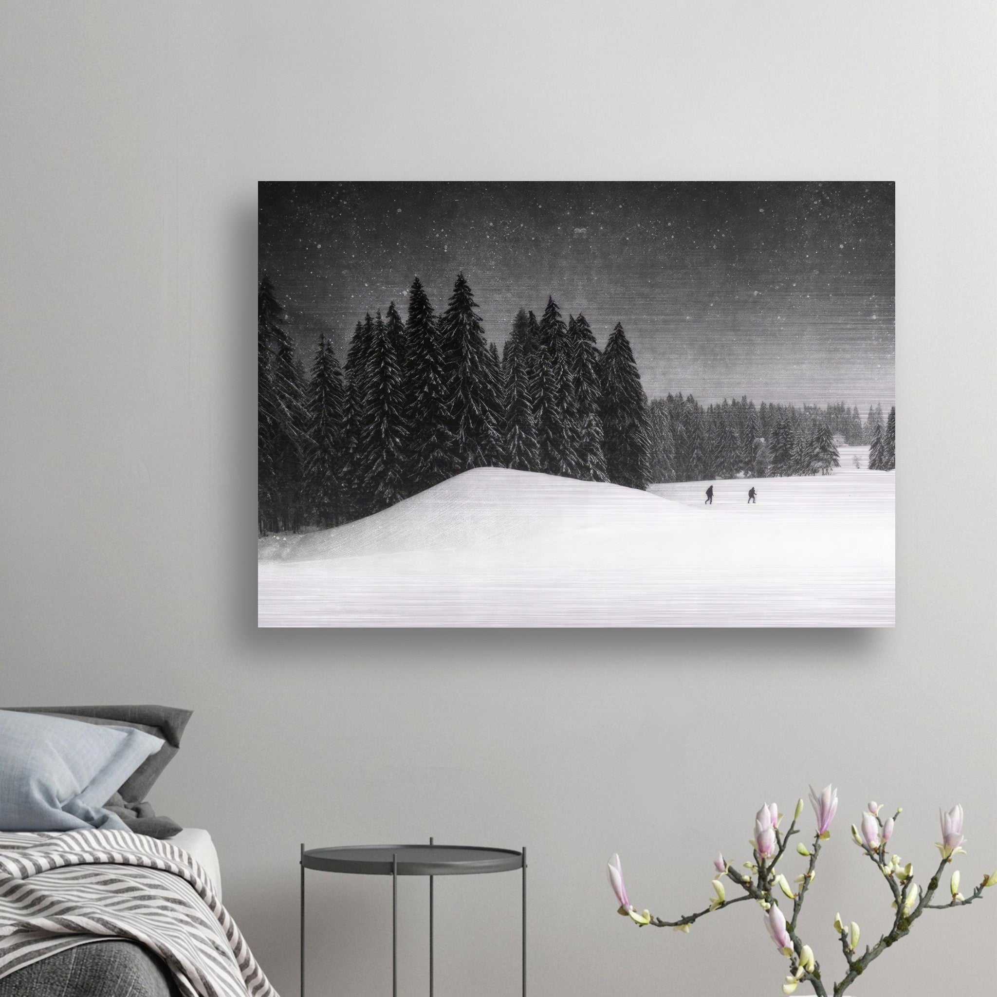 Winter Crossing brushed metal artwork depicting a serene snow-covered forest and figures traversing snow.