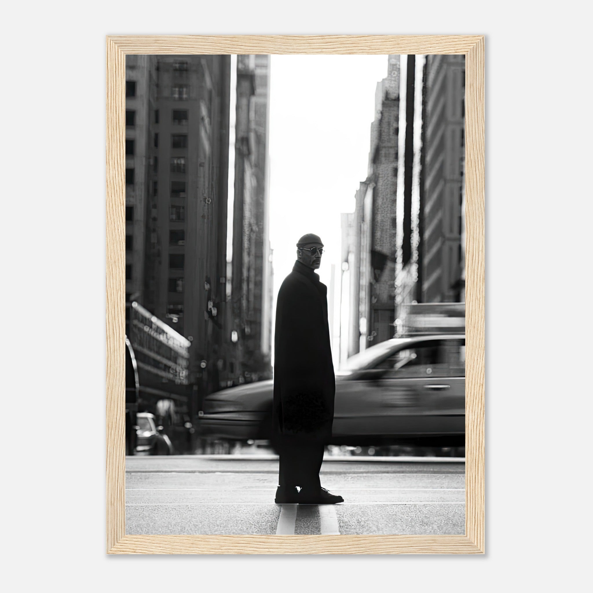 Framed print of Jean Reno as Leon standing in a busy New York street, captured in striking black-and-white.
