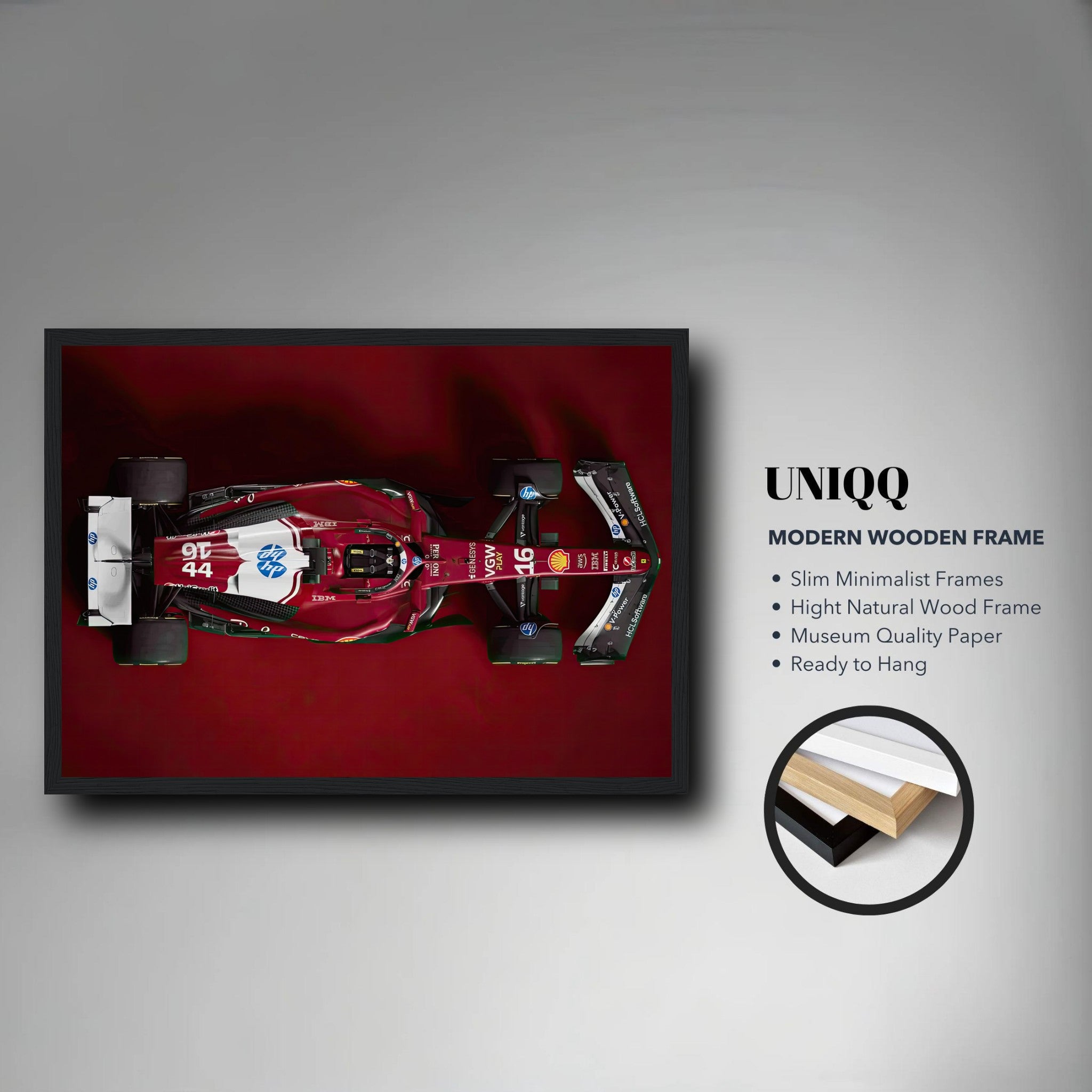 Ferrari F1 2025 framed print showcasing a sleek racing car in a minimalist wooden frame, ideal for motorsport decor.