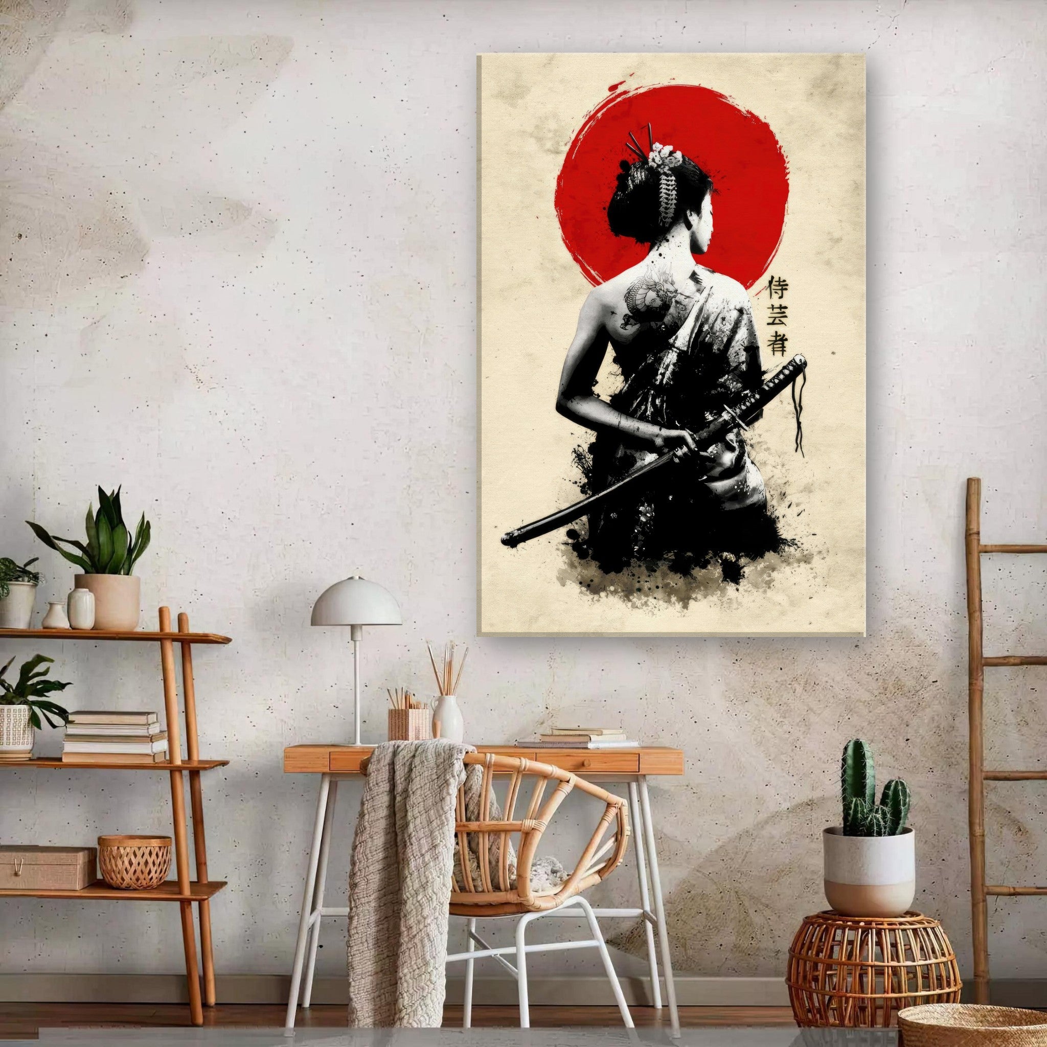 The Samurai Geisha Canvas featuring a geisha with a katana against a bold red sun background.