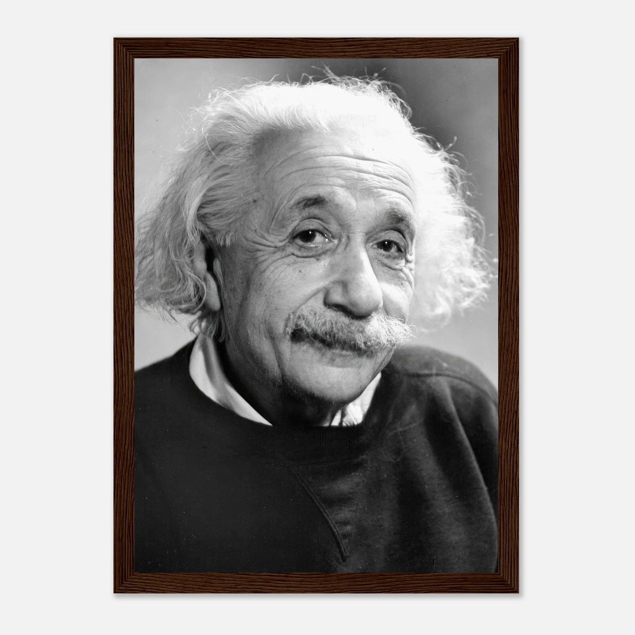 Albert Einstein 1946 framed print featuring a black-and-white portrait of the legendary physicist.
