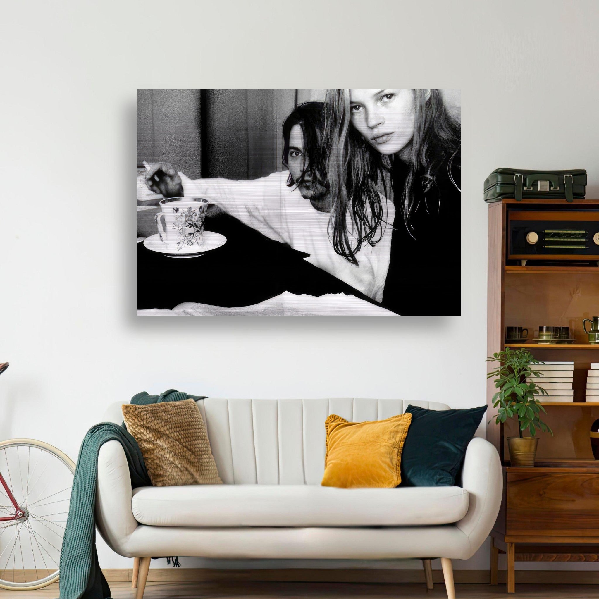 Rebel Romance brushed metal print featuring Johnny Depp and Kate Moss in a black and white intimate moment.