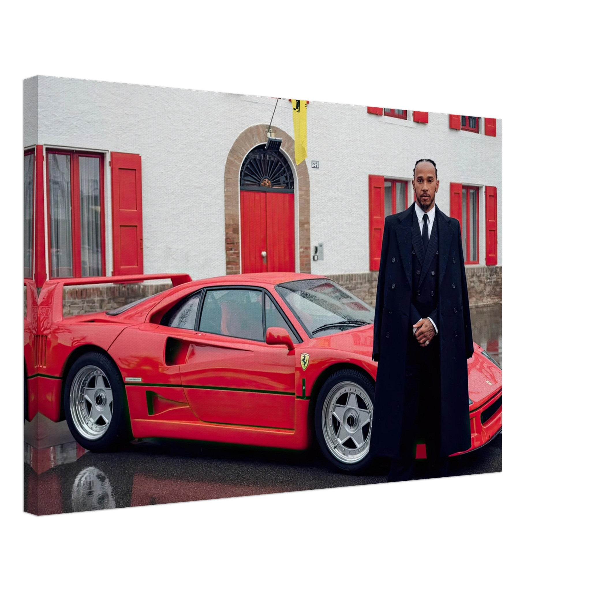 Lewis Hamilton with Ferrari F40 canvas, capturing a historic motorsport moment in vivid detail.