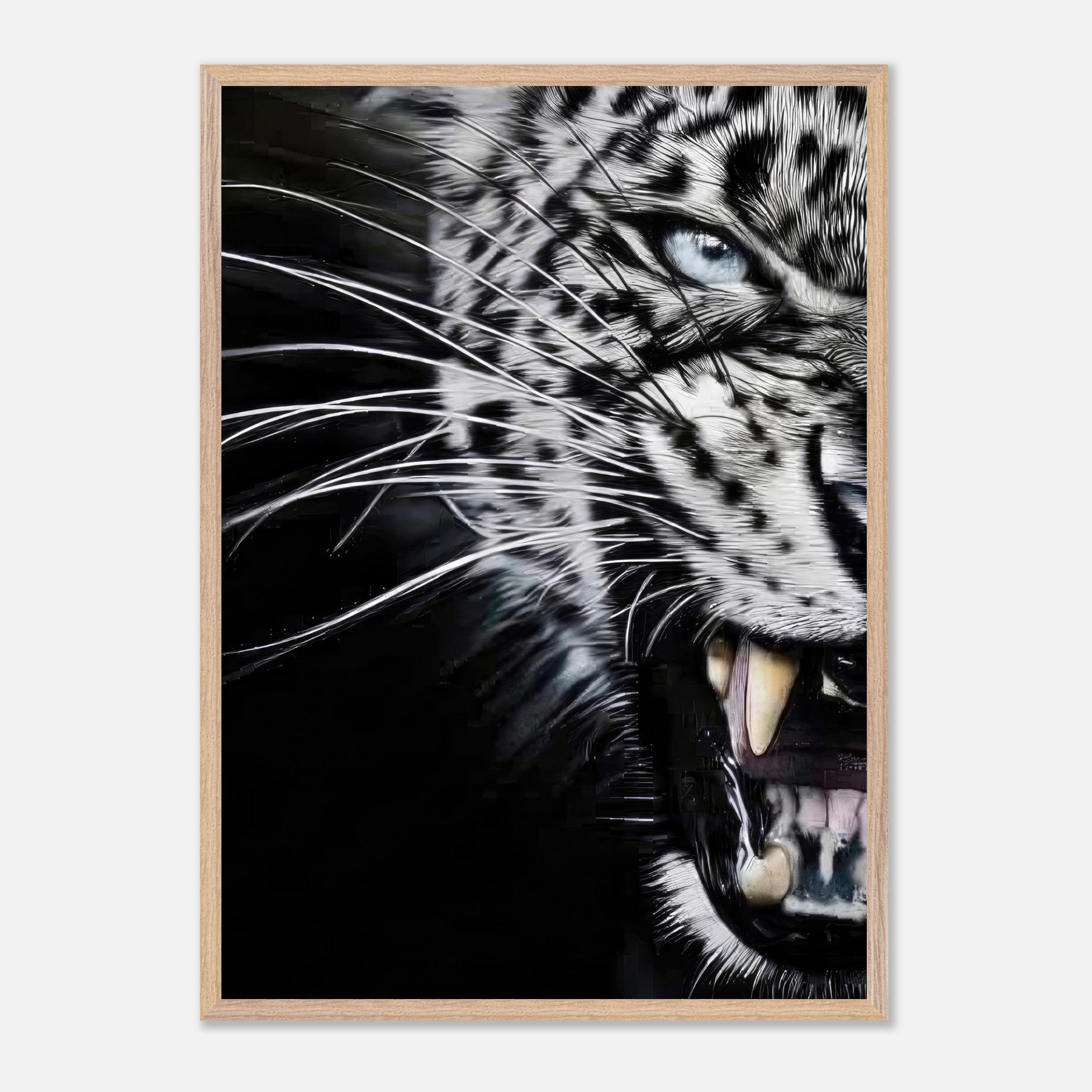 Close-up portrait of a fierce leopard showcasing detailed fur and piercing blue eyes, in dramatic black and white.