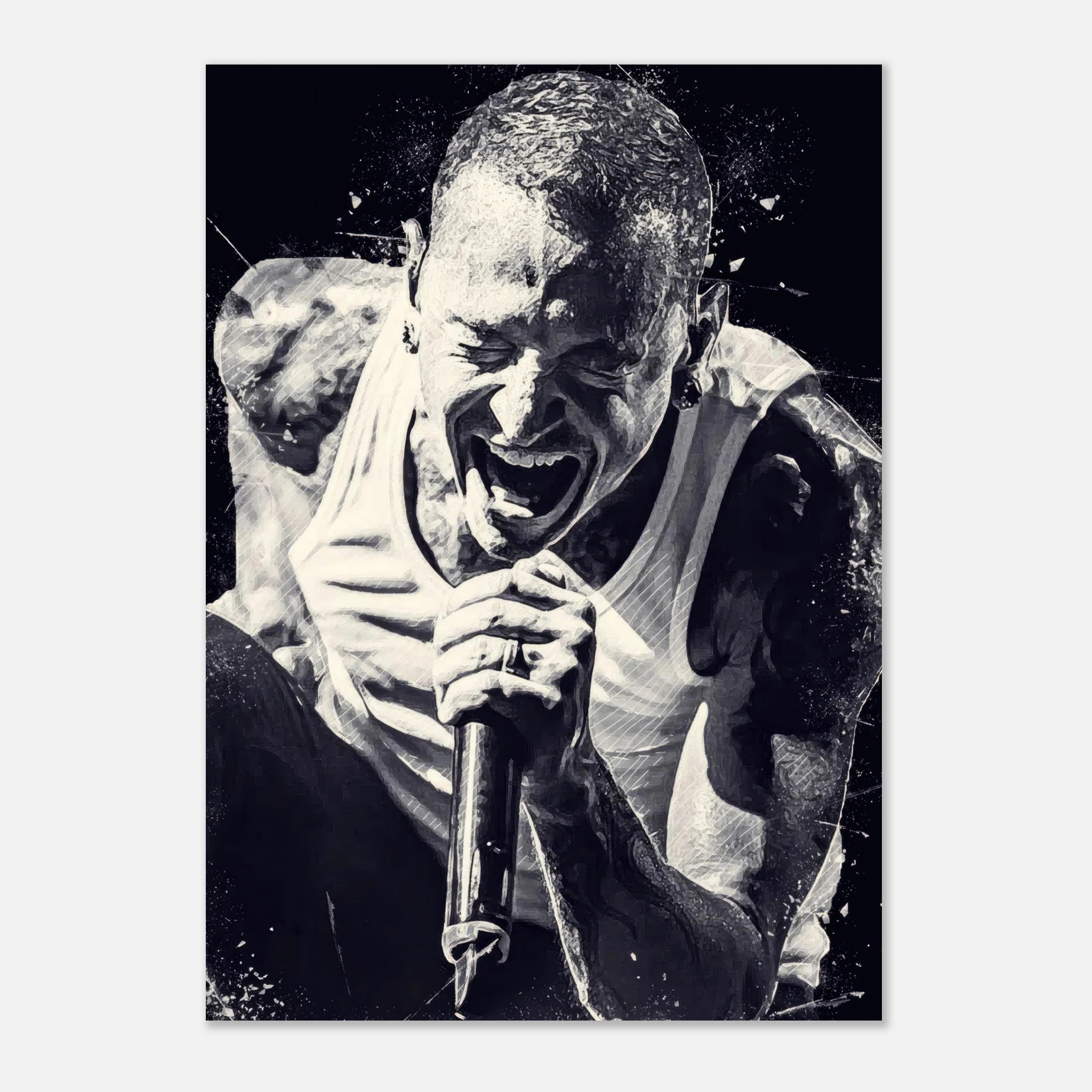 Chester Bennington black-and-white poster showcasing powerful live performance energy.