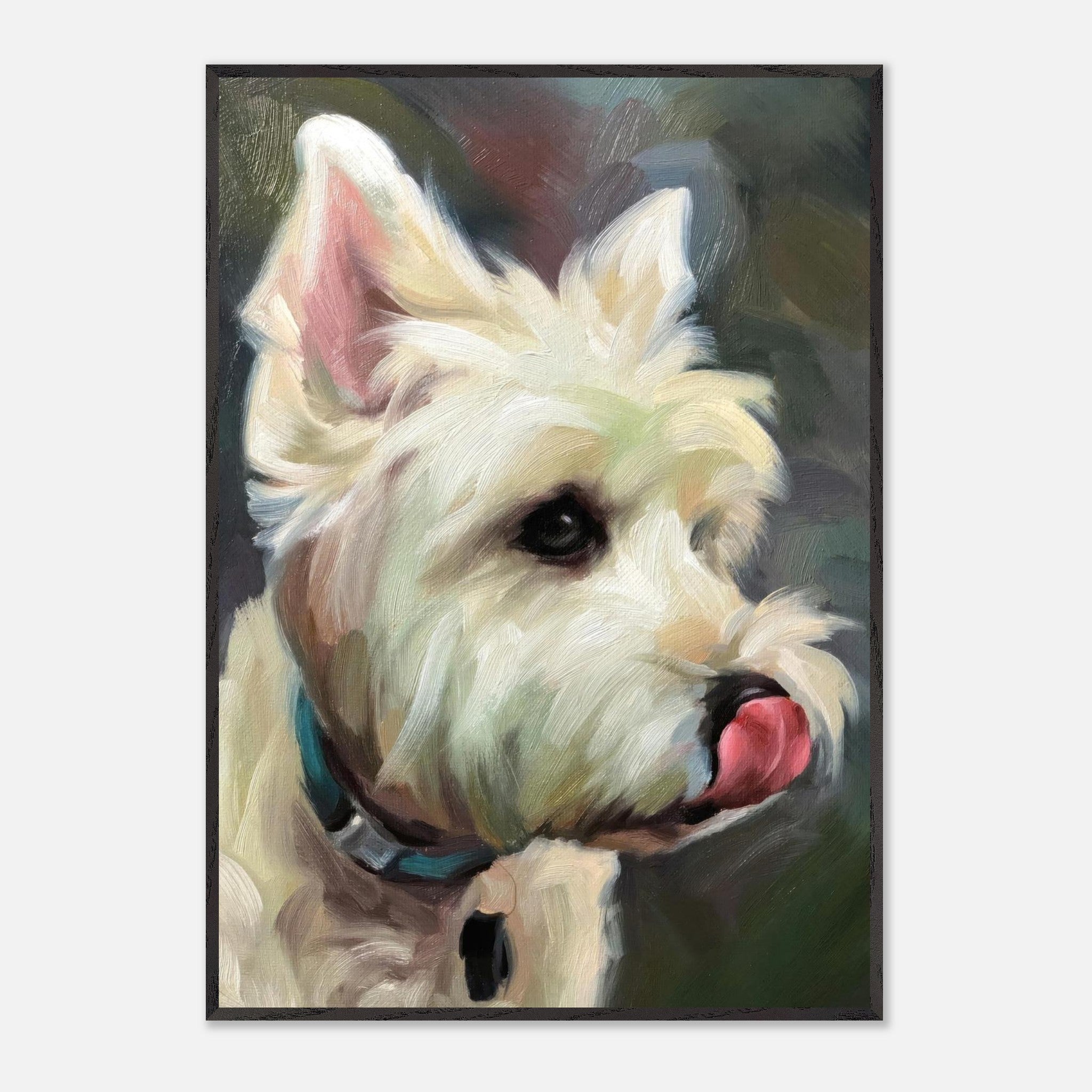 Westie dog painting showcasing expressive brushstrokes and lifelike details of the breed's fluffy white coat.