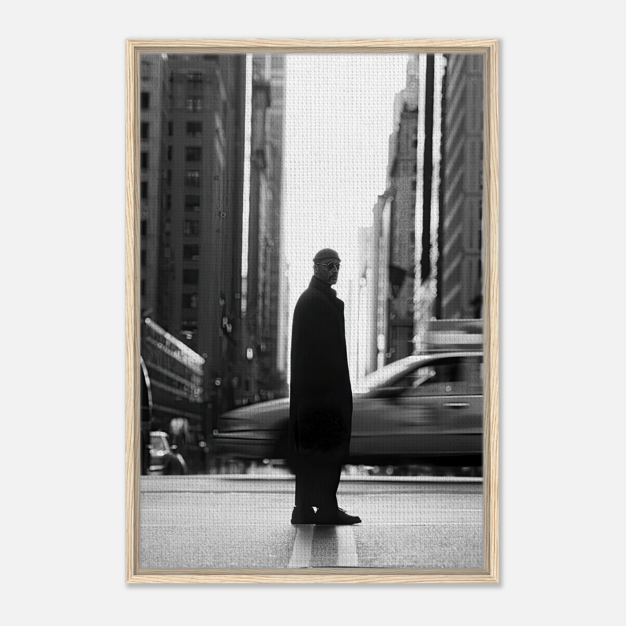 Jean Reno as Leon in New York framed canvas art, capturing urban sophistication in black and white.