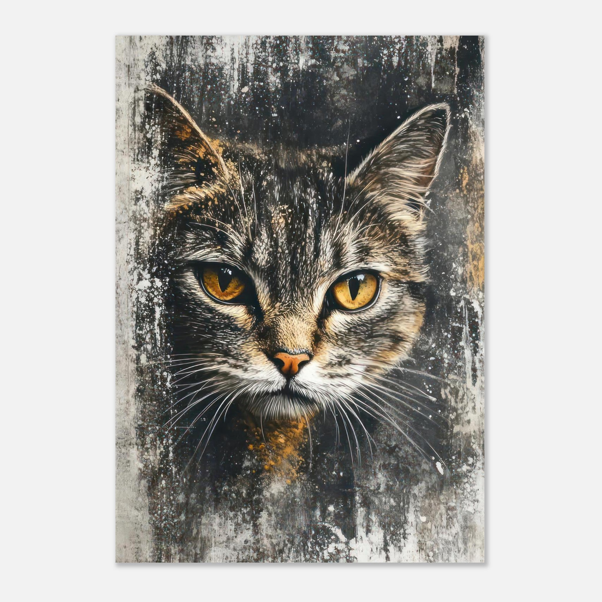 Stunning Cat Painting Metal Print featuring a detailed portrait of a cat with piercing golden eyes.