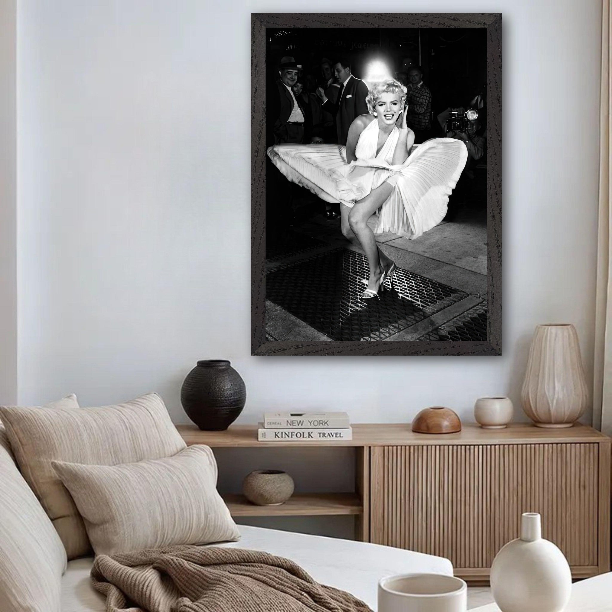 Vintage framed print of Marilyn Monroe in white dress, capturing Hollywood glamour and elegance.