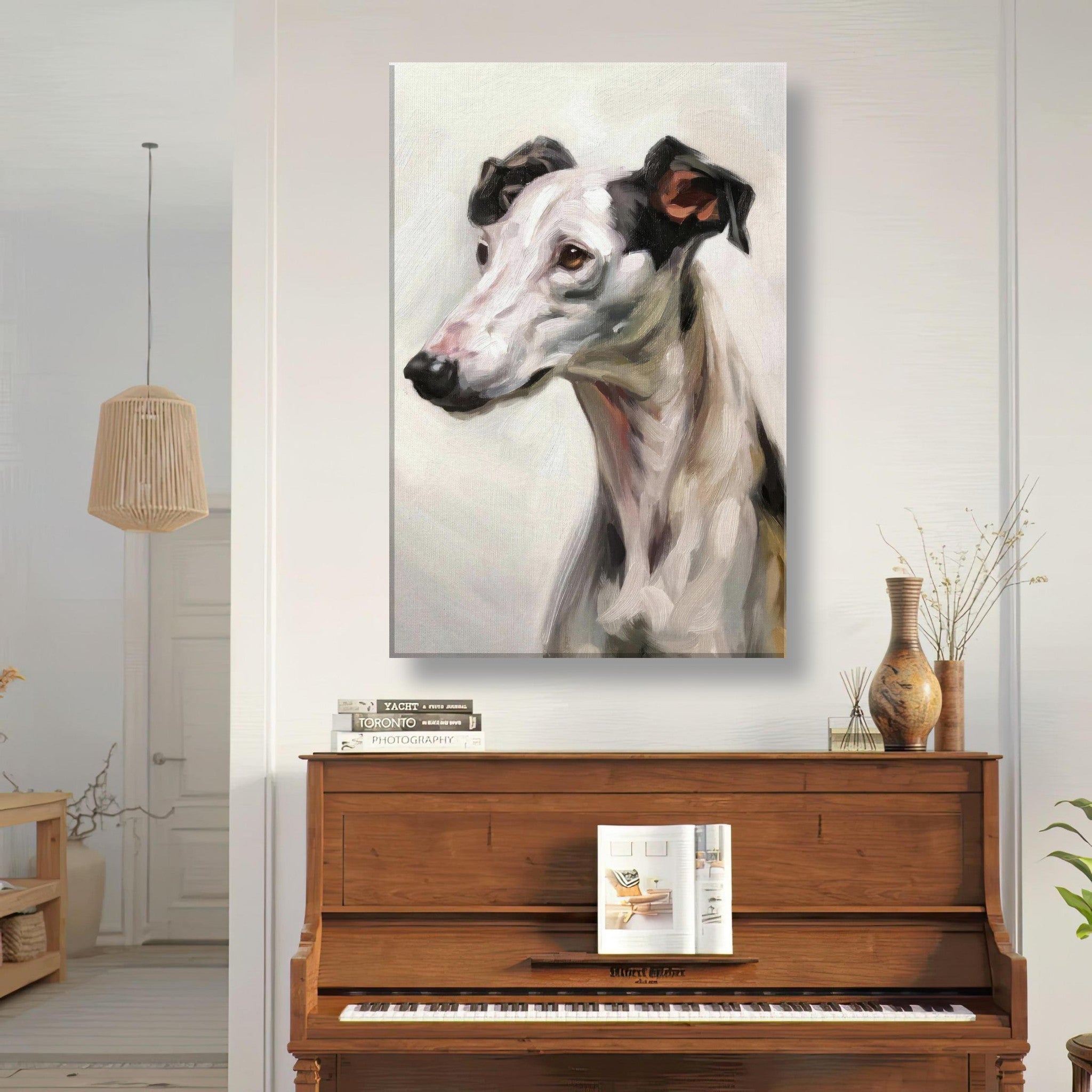 Elegant Greyhound dog painting canvas print displayed above a piano in a stylish home interior.