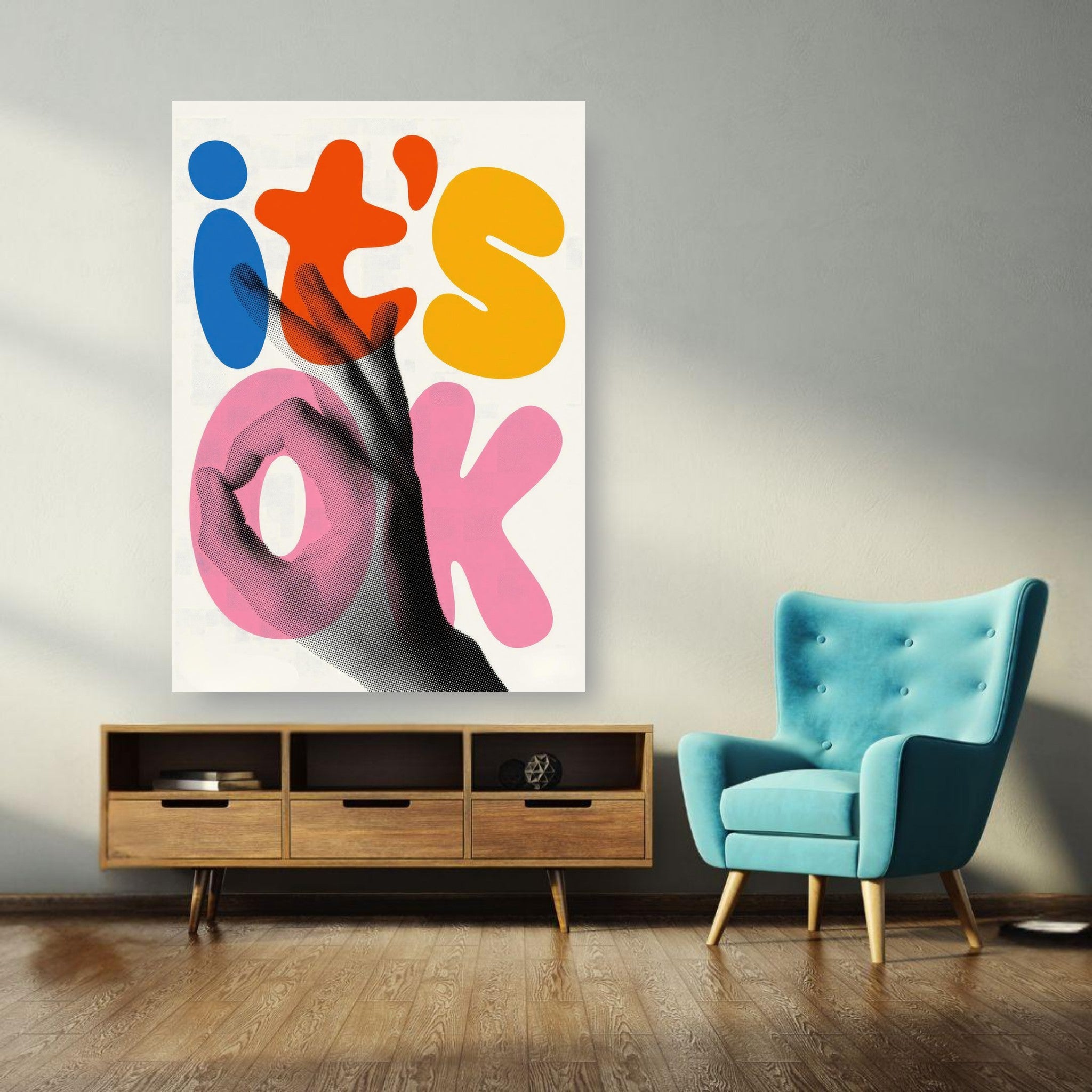 Retro abstract pop art poster featuring vibrant colors and typography saying "it's OK" in a modern living space.