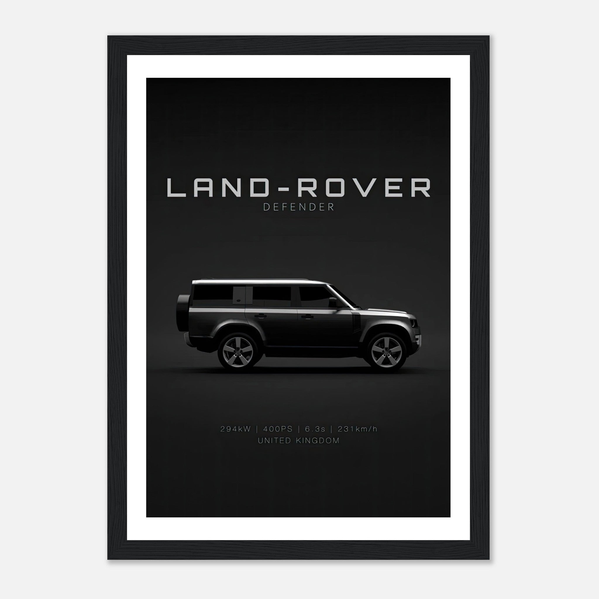 Framed print of Land Rover Defender showcasing its iconic side profile and specifications for automotive enthusiasts.