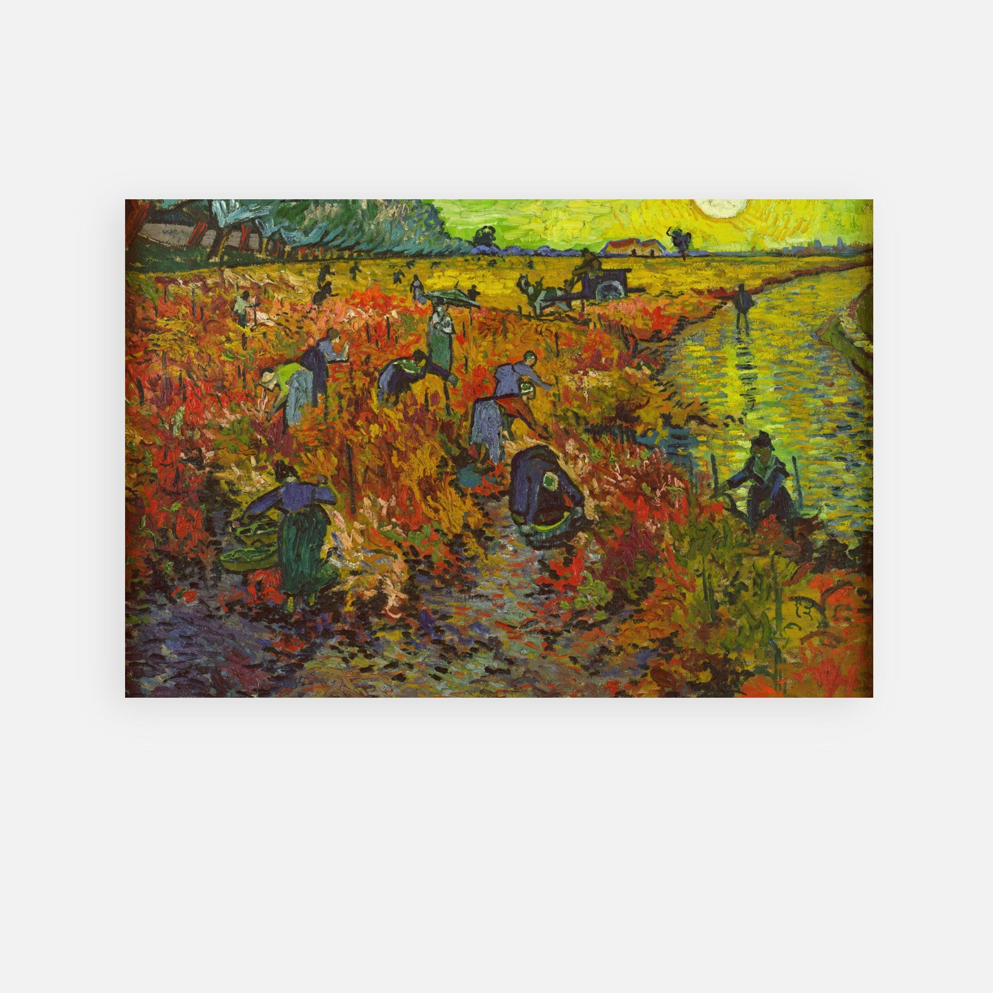 The Red Vineyard by Van Gogh metal print showcasing vibrant autumn colors and people harvesting grapes.