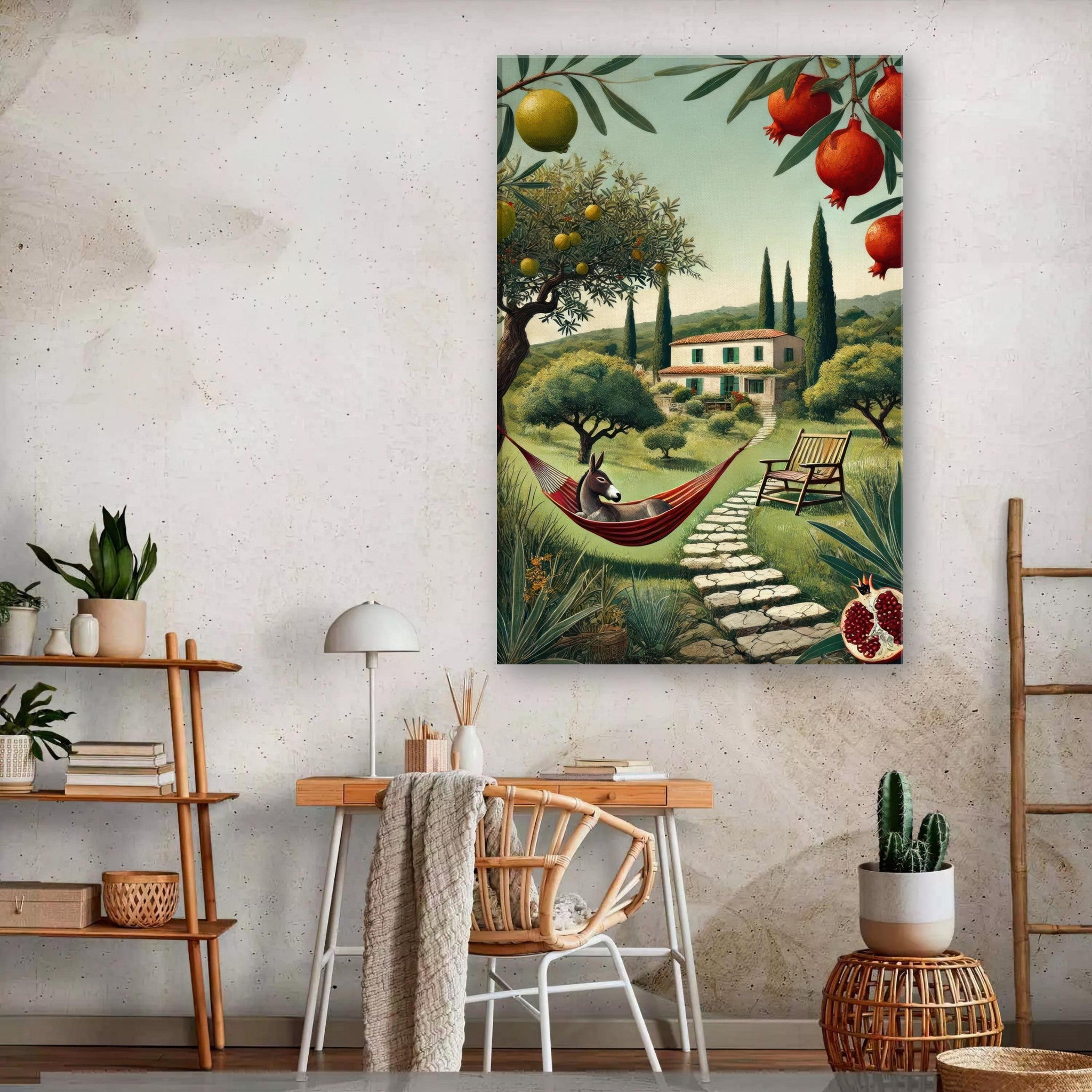Mediterranean rural landscape canvas print featuring a hammock, villa, and stone pathway in a serene setting.