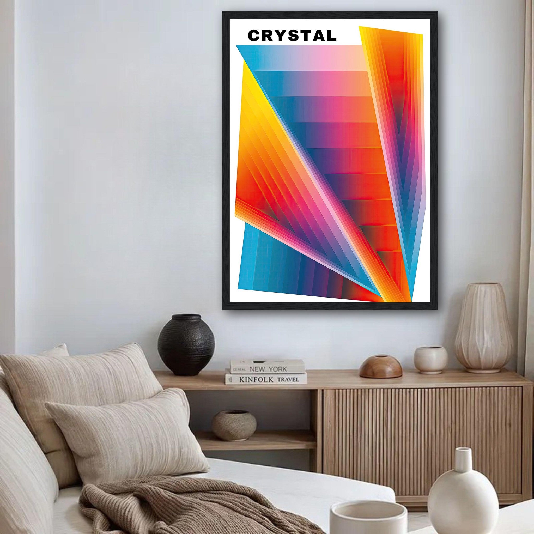 Crystal Abstract Art Framed Print showcasing vibrant colors in a modern interior setting.