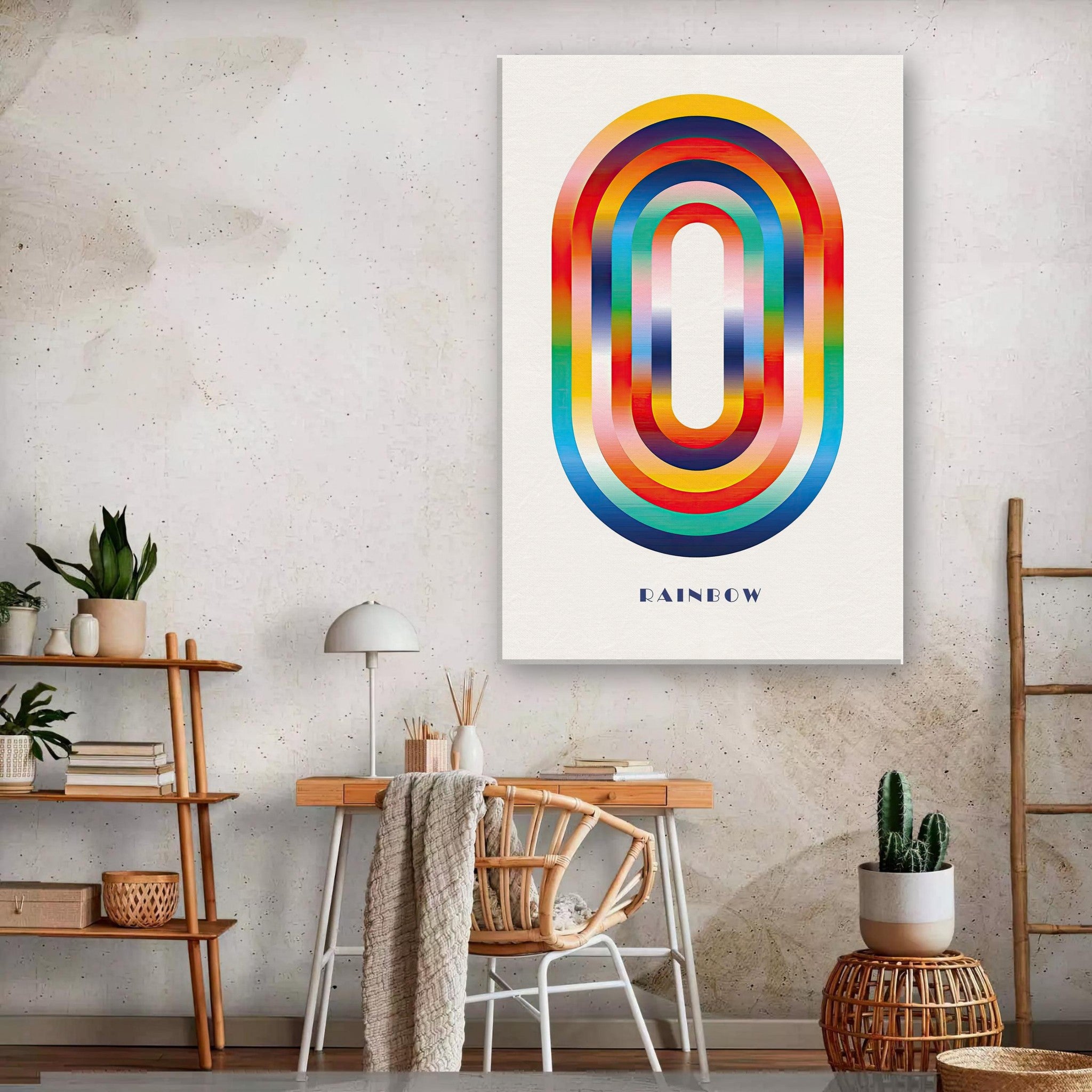 Abstract Rainbow Geometric Art canvas print showcasing overlapping arches in vibrant colors, enhancing modern interior decor.
