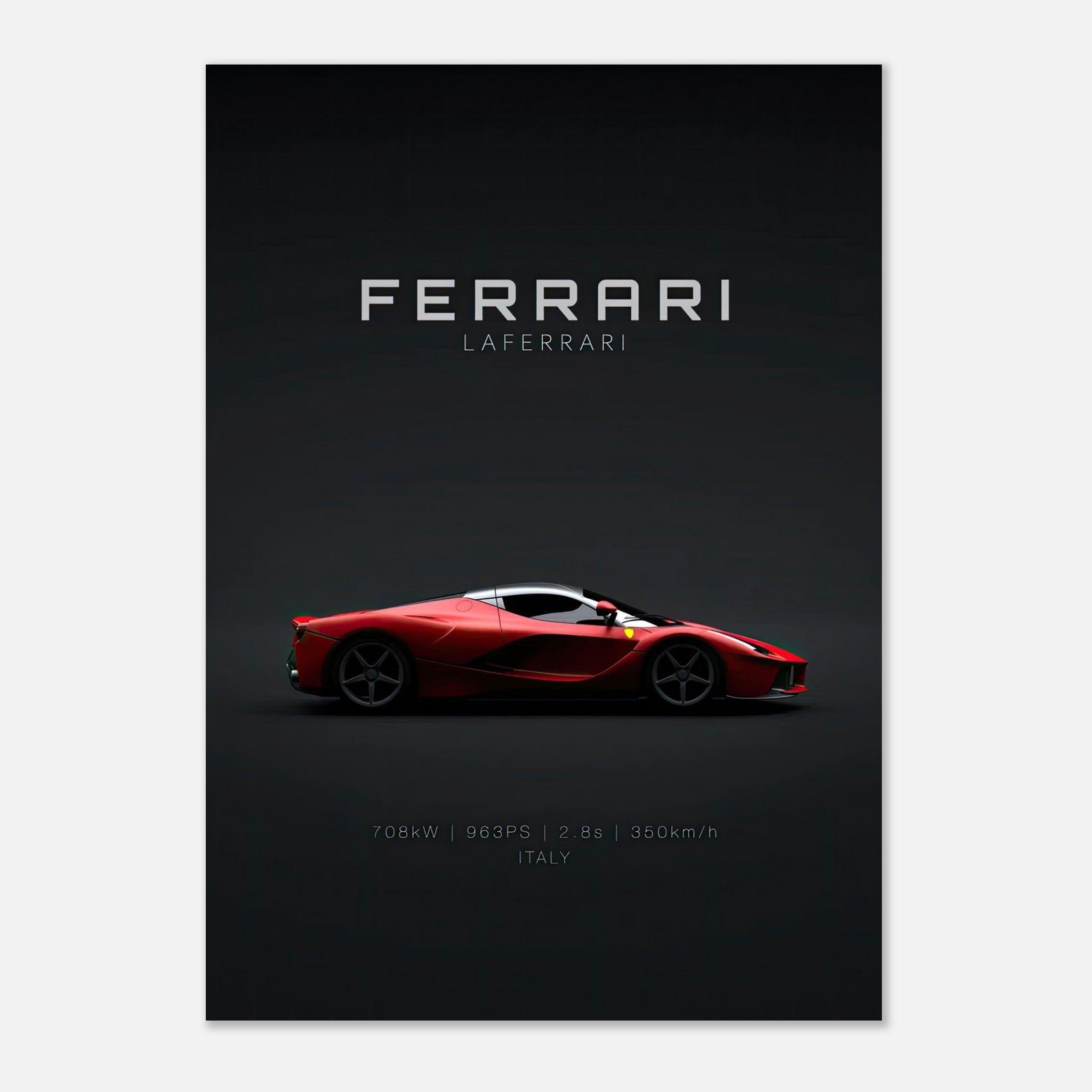 Ferrari Laferrari poster featuring a sleek red hybrid hypercar on a black background, celebrating Italian design.