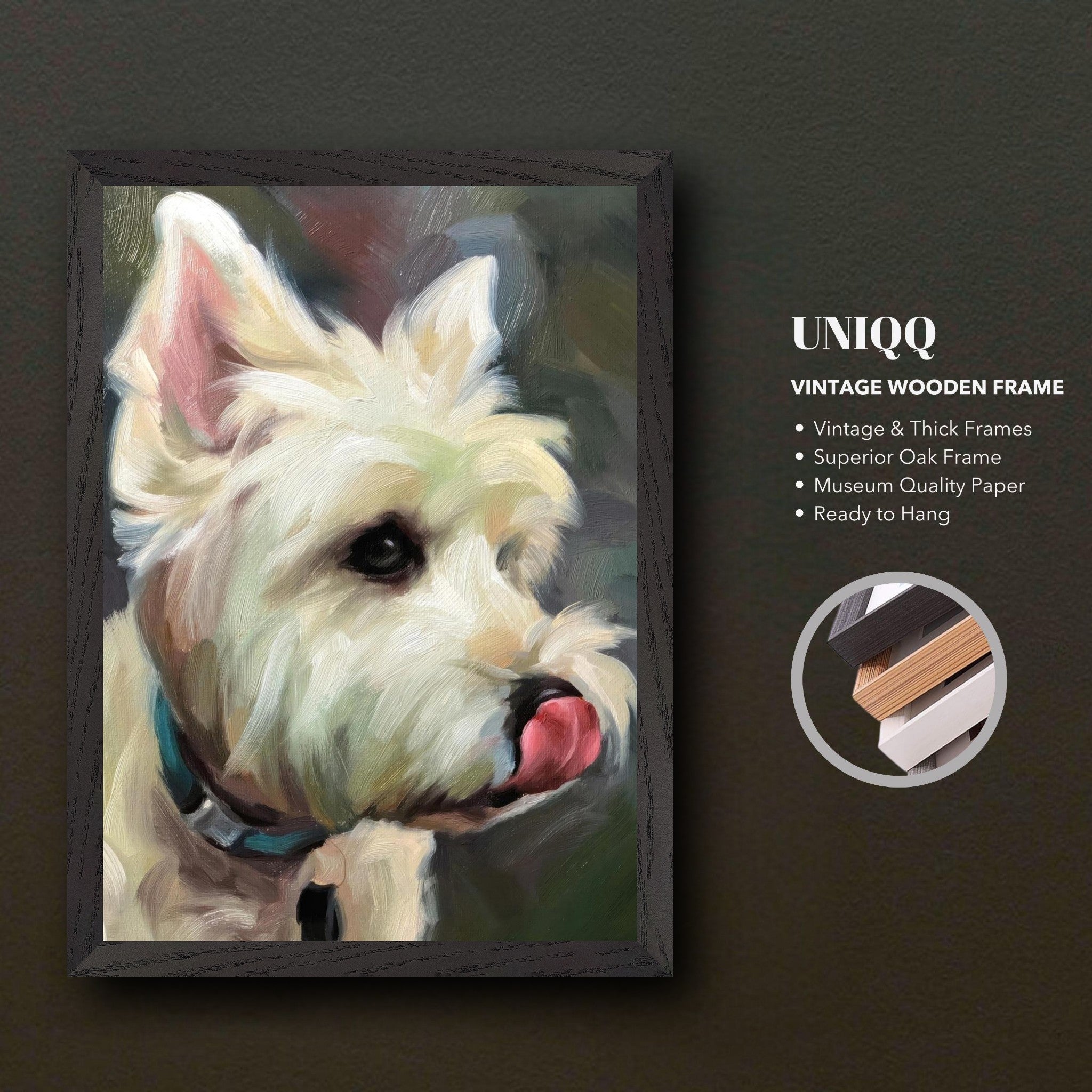 Westie dog painting in a vintage wooden frame highlighting its playful expression. Perfect for dog lovers.