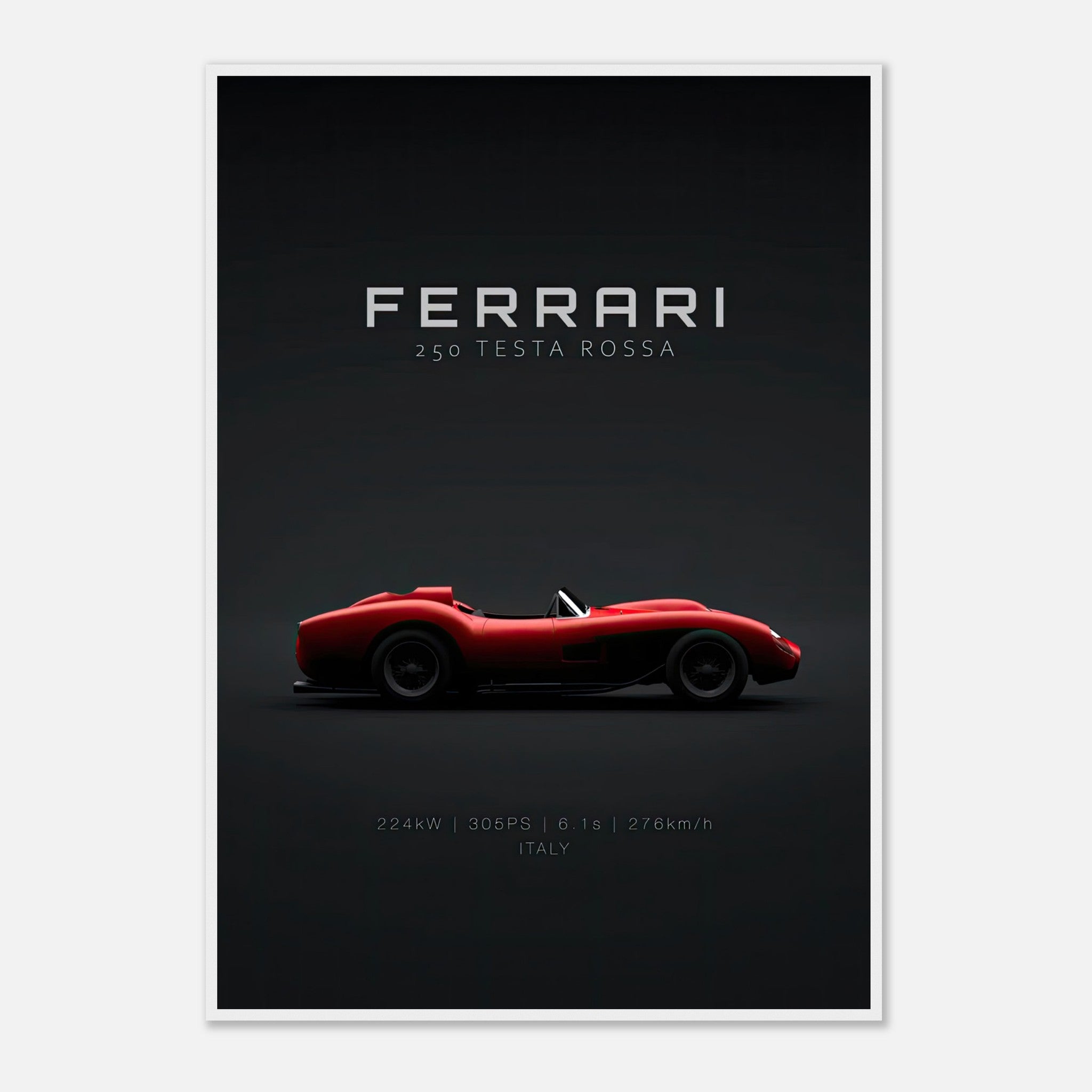 Ferrari 250 Testa Rossa framed poster showcasing sleek car profile on minimalist black background.