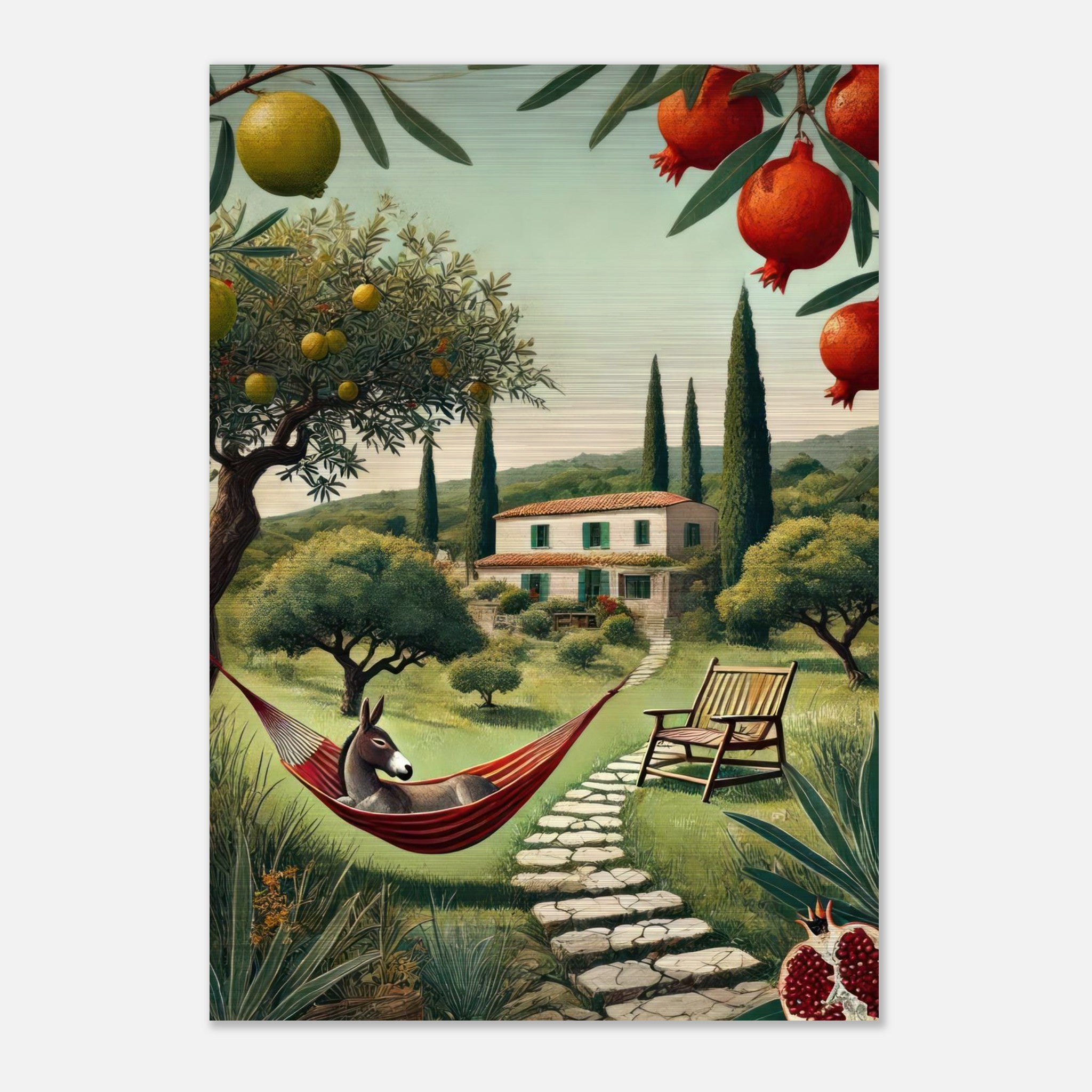 Mediterranean rural landscape with a donkey in a hammock, olive trees, and pomegranate fruit, brushed metal print.