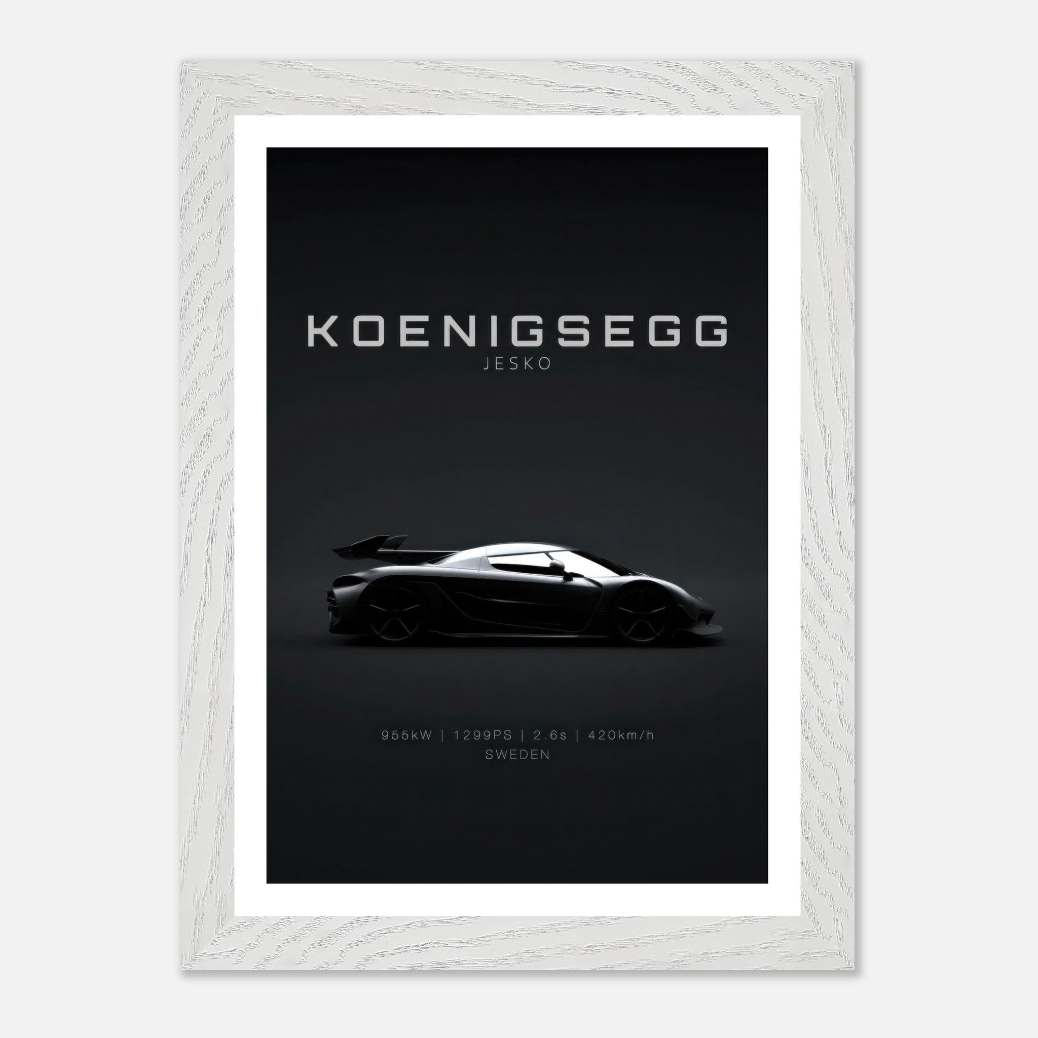 Koenigsegg Jesko vintage framed art featuring sleek car silhouette on minimalist black background.