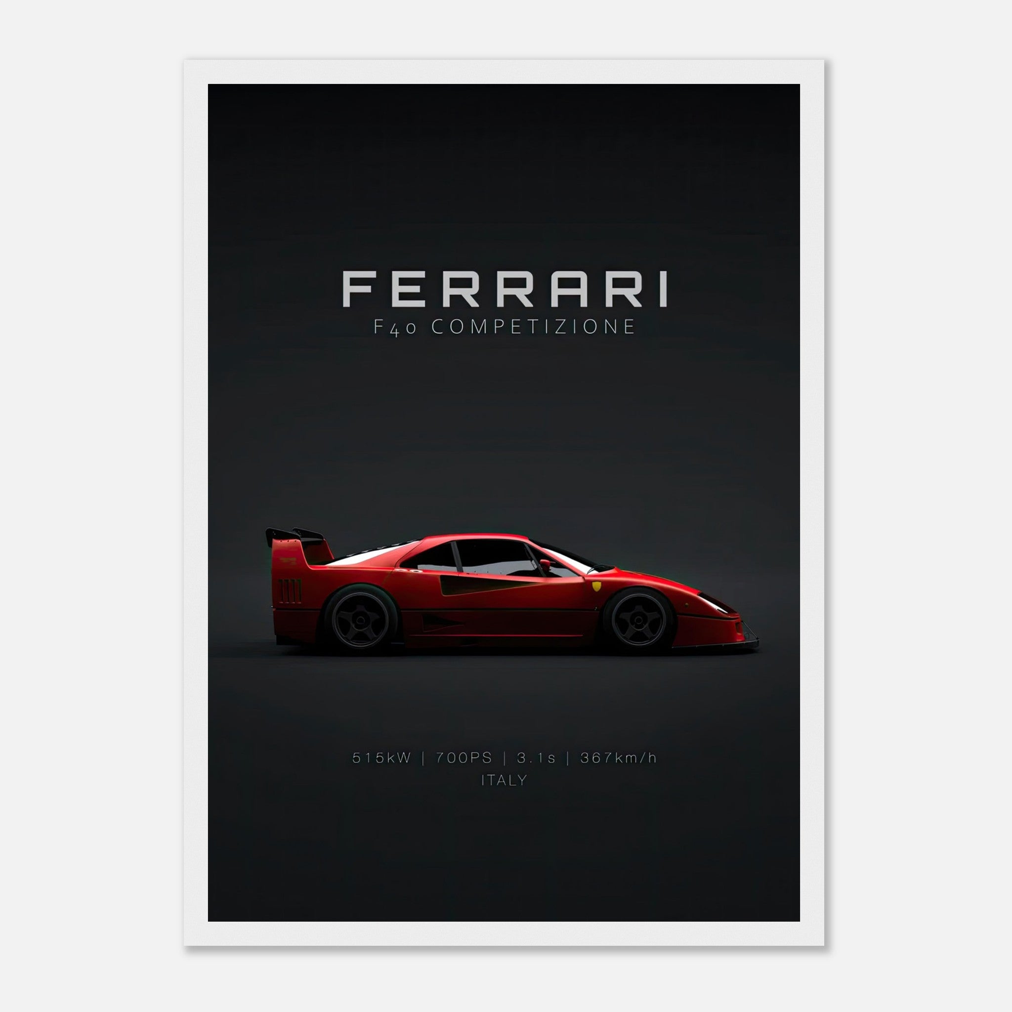 Ferrari F40 Competizione framed poster showcasing the iconic red supercar with sleek design on a dark background.
