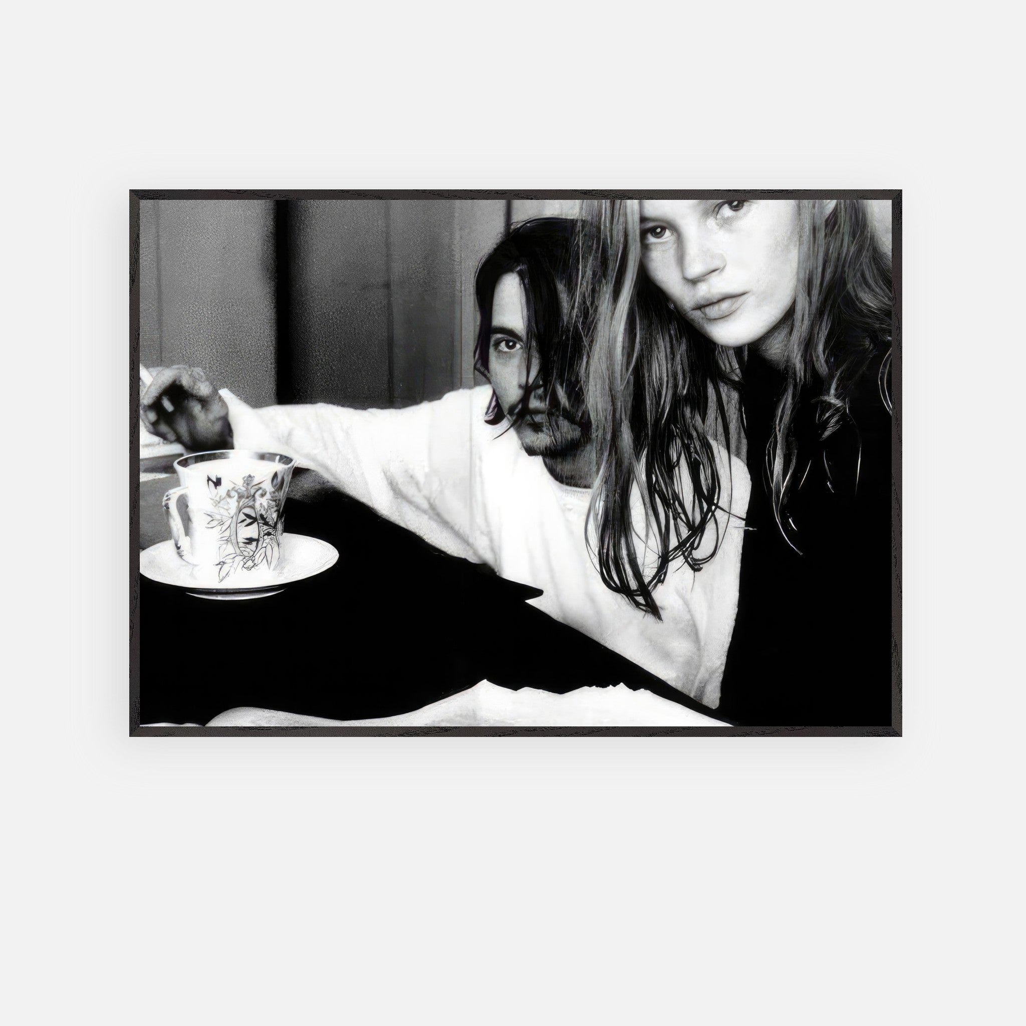 Black-and-white art print of Johnny Depp and Kate Moss capturing 90s romance and rebellion.