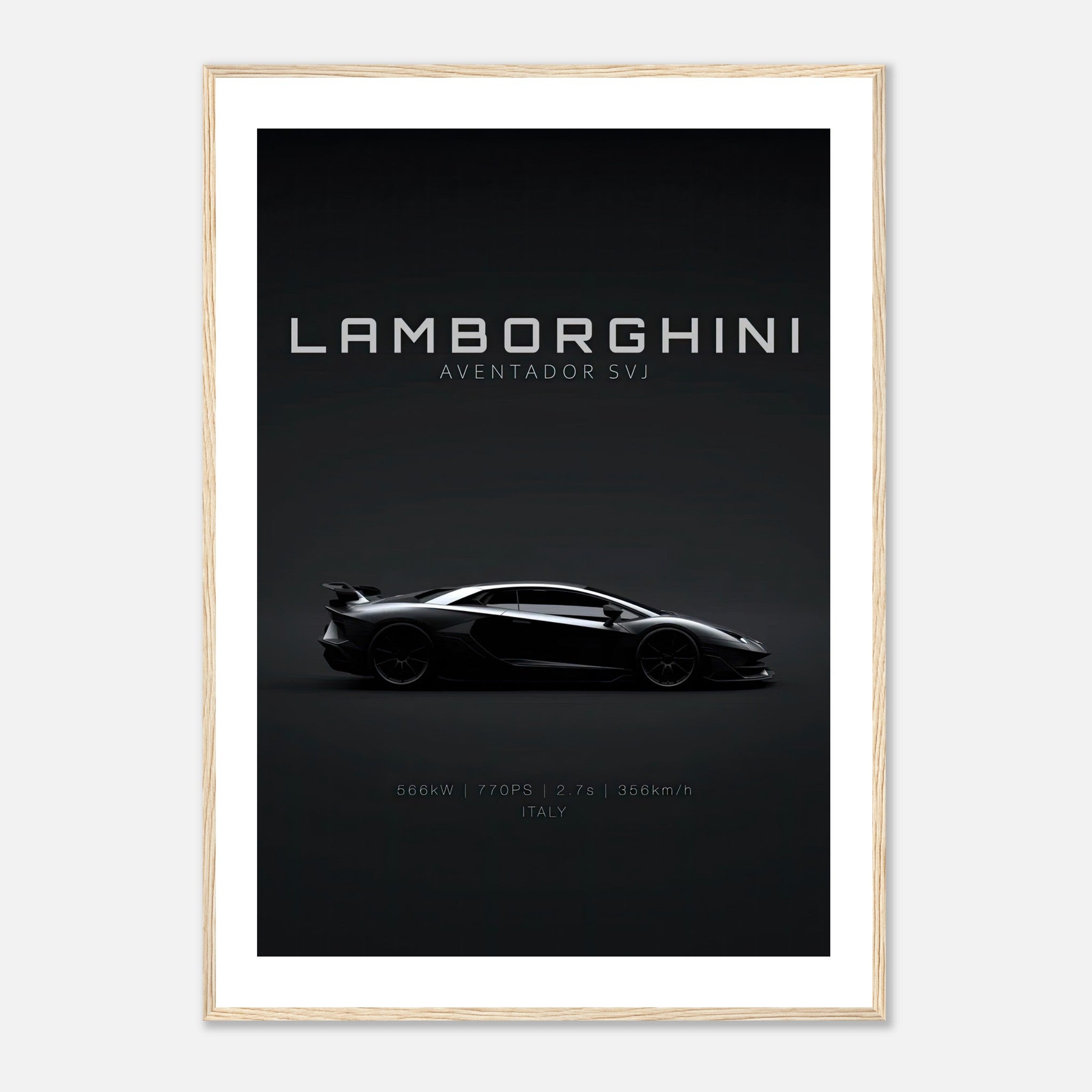 Lamborghini Aventador SVJ framed poster showcasing sleek design and performance specs.