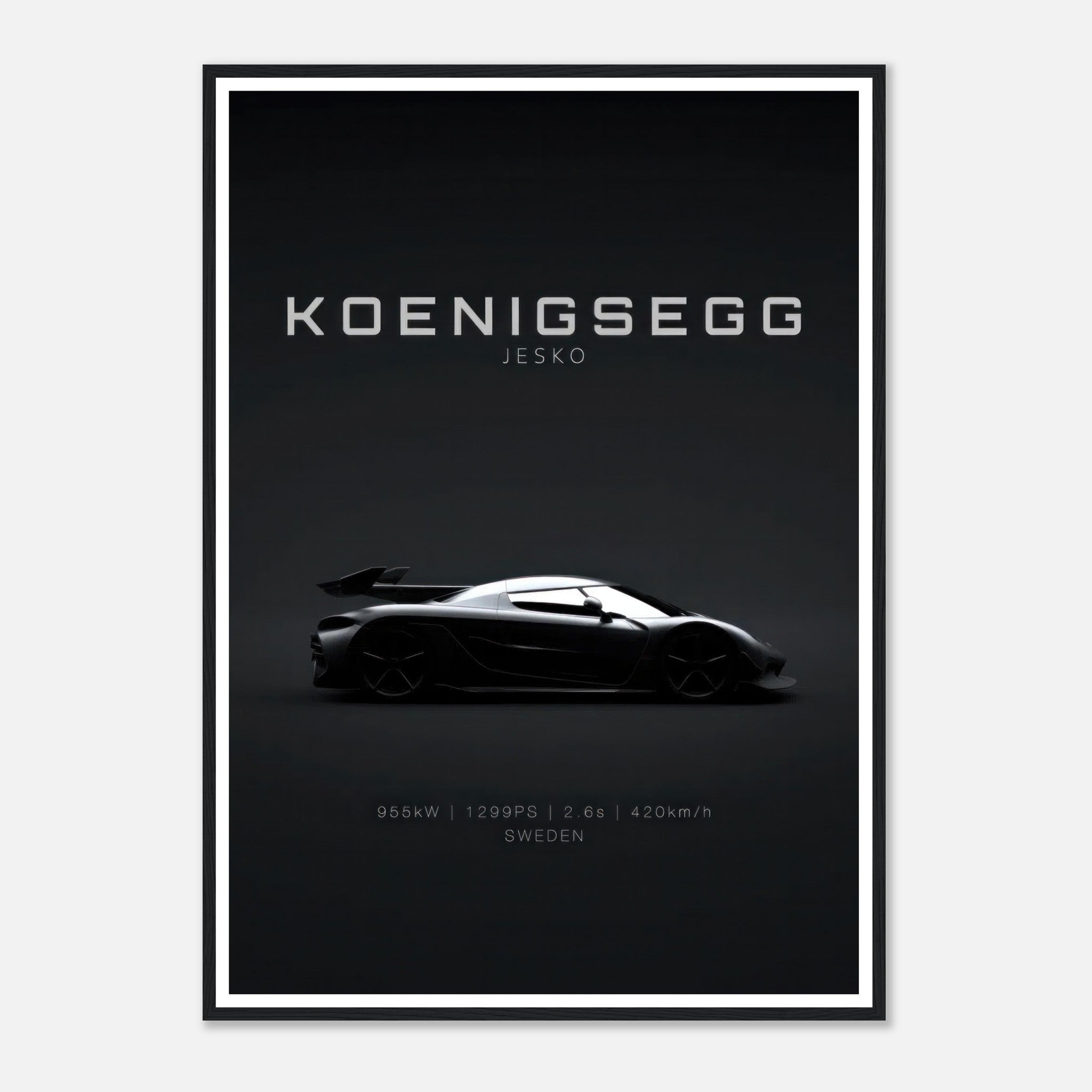 Koenigsegg Jesko framed poster showcasing sleek silhouette on minimalist black background, ideal for car enthusiasts.