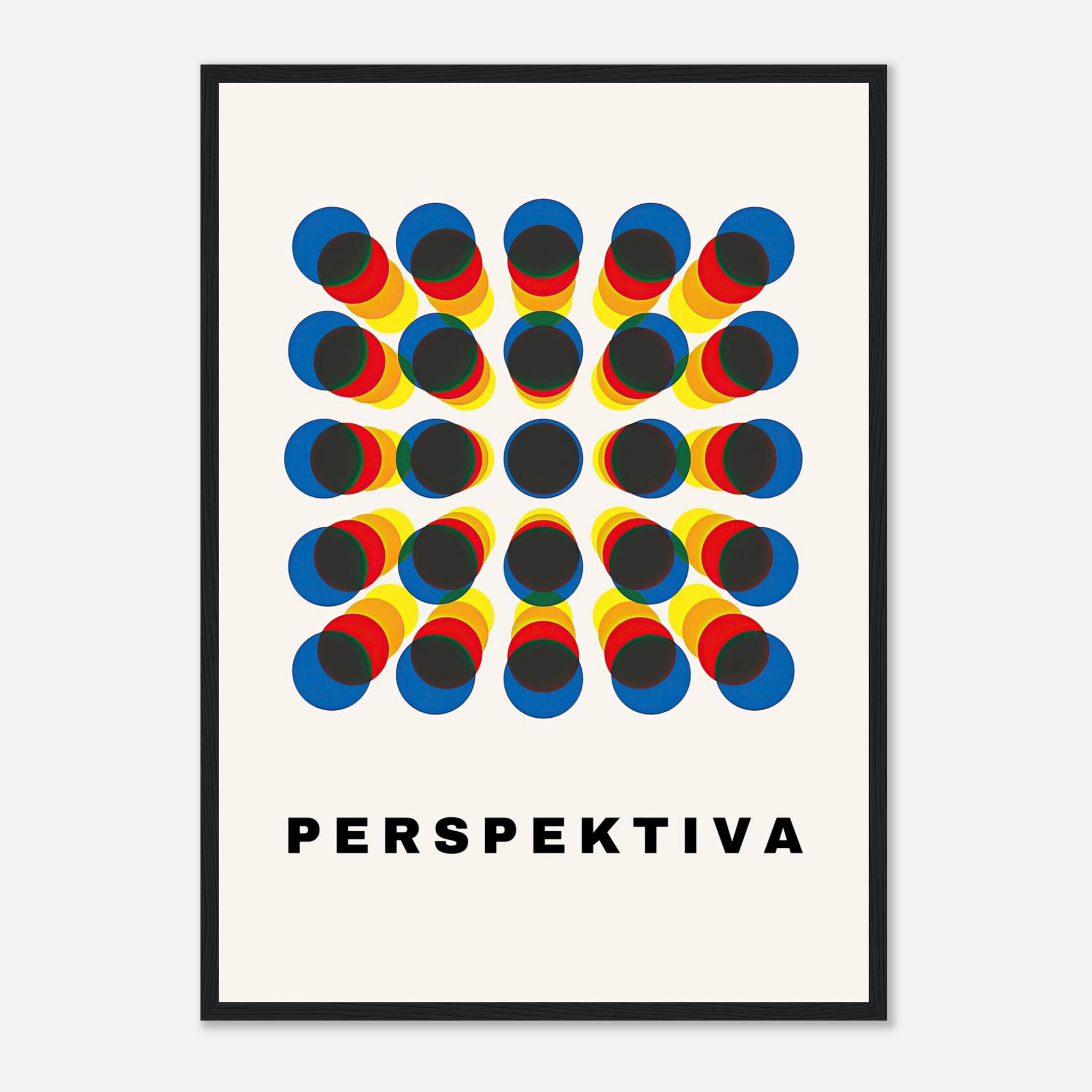 Bold geometric pattern framed print featuring vibrant colors and the word "PERSPKTIVA" for modern decor.