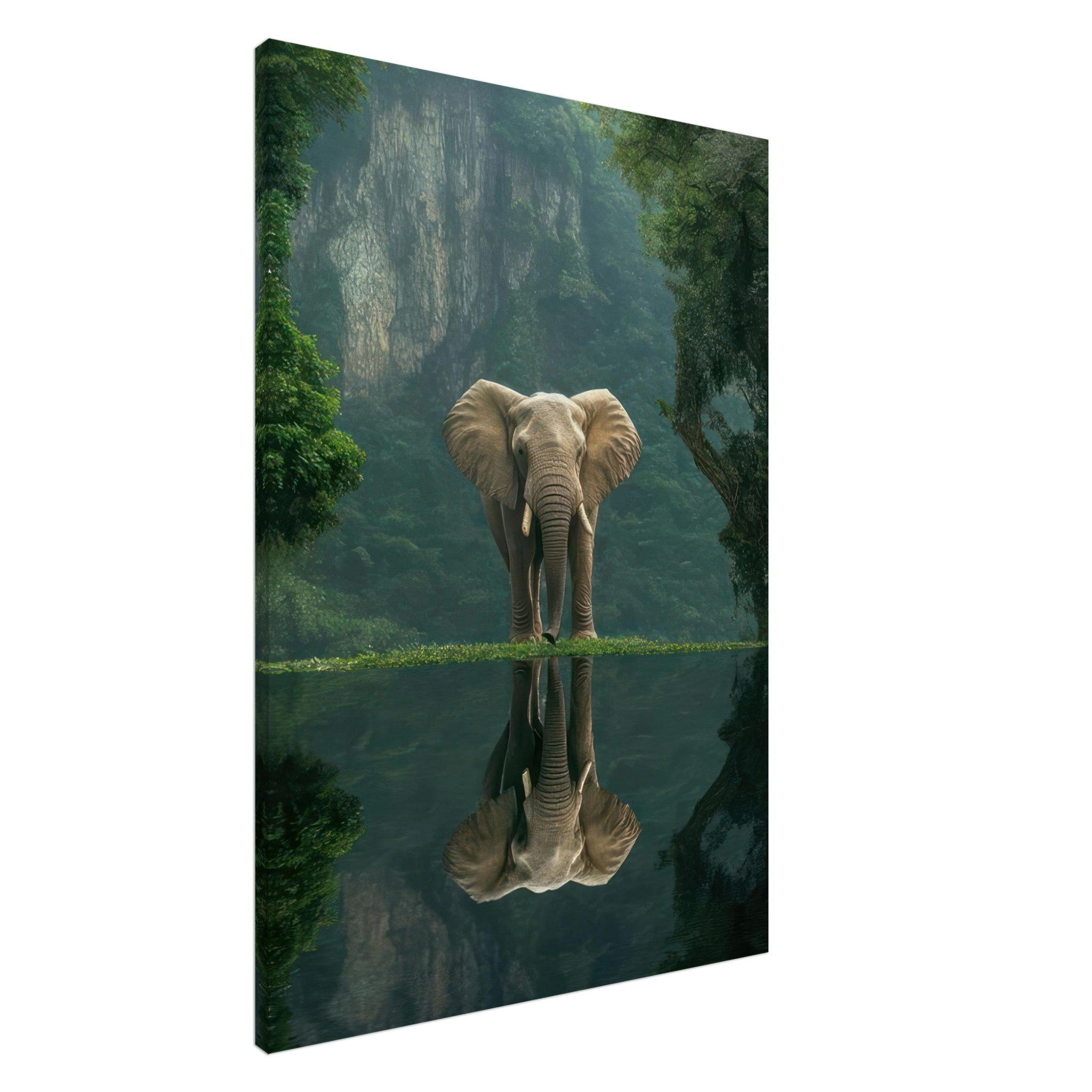 Jungle Elephant Portrait canvas print featuring an elephant by a reflective pool in lush greenery.