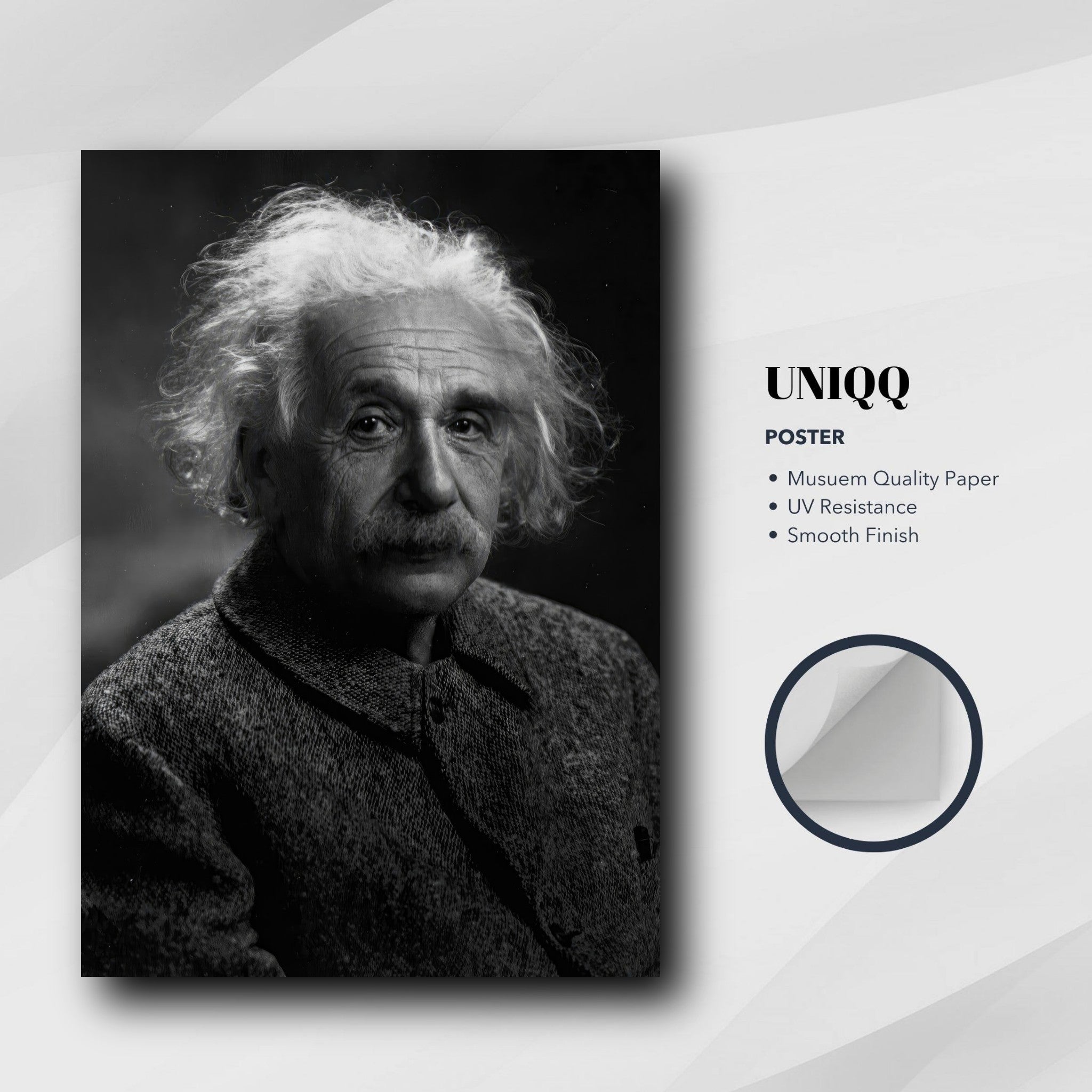 Black-and-white portrait poster of Albert Einstein on museum quality paper, featuring smooth finish and UV resistance.