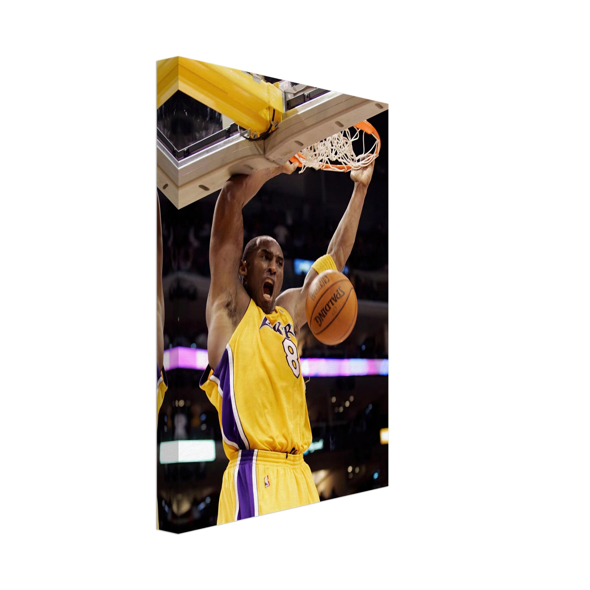 Kobe Bryant's iconic slam dunk canvas print showcasing his powerful move in vibrant colors.