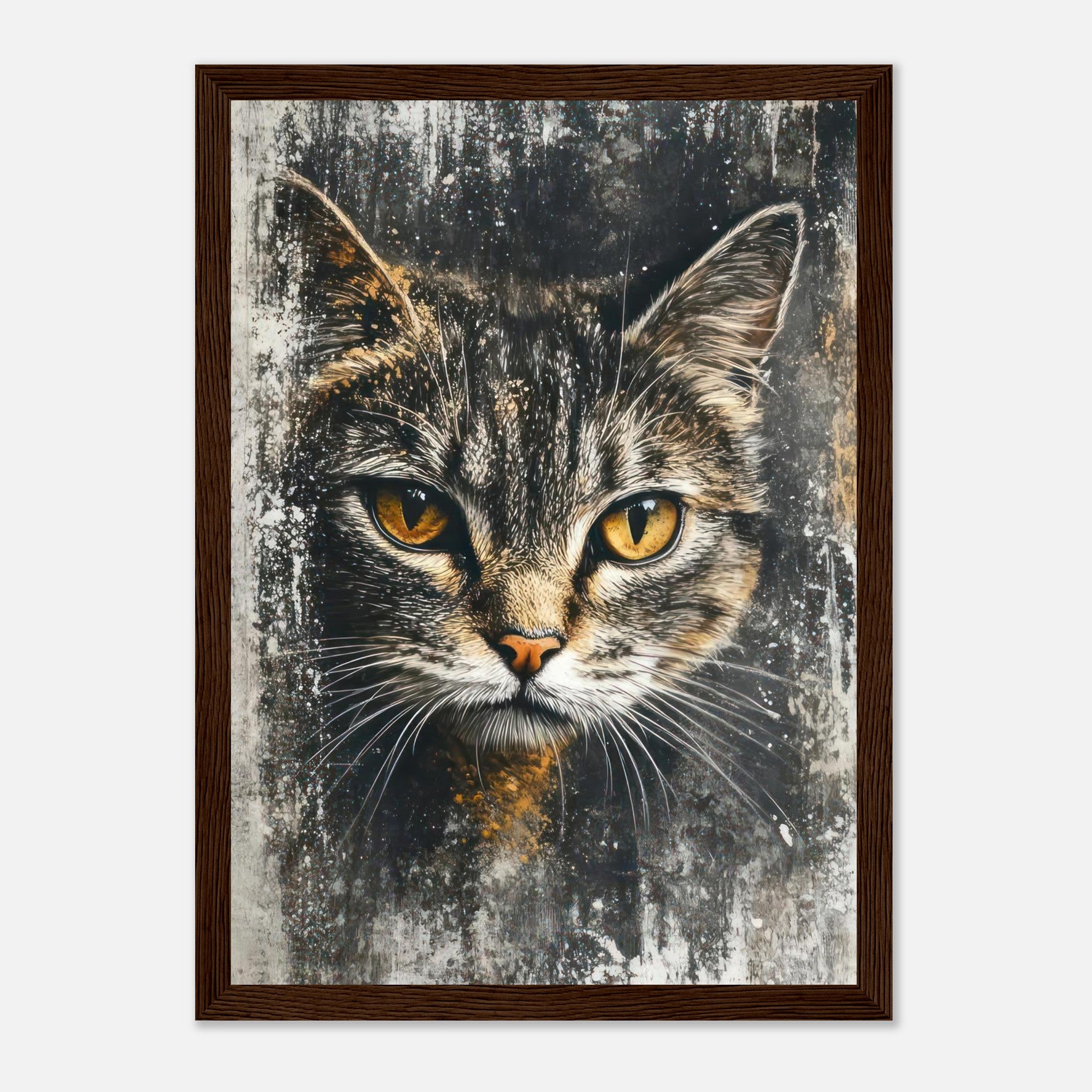 Framed cat painting artwork featuring a close-up with golden eyes, perfect for home decor.