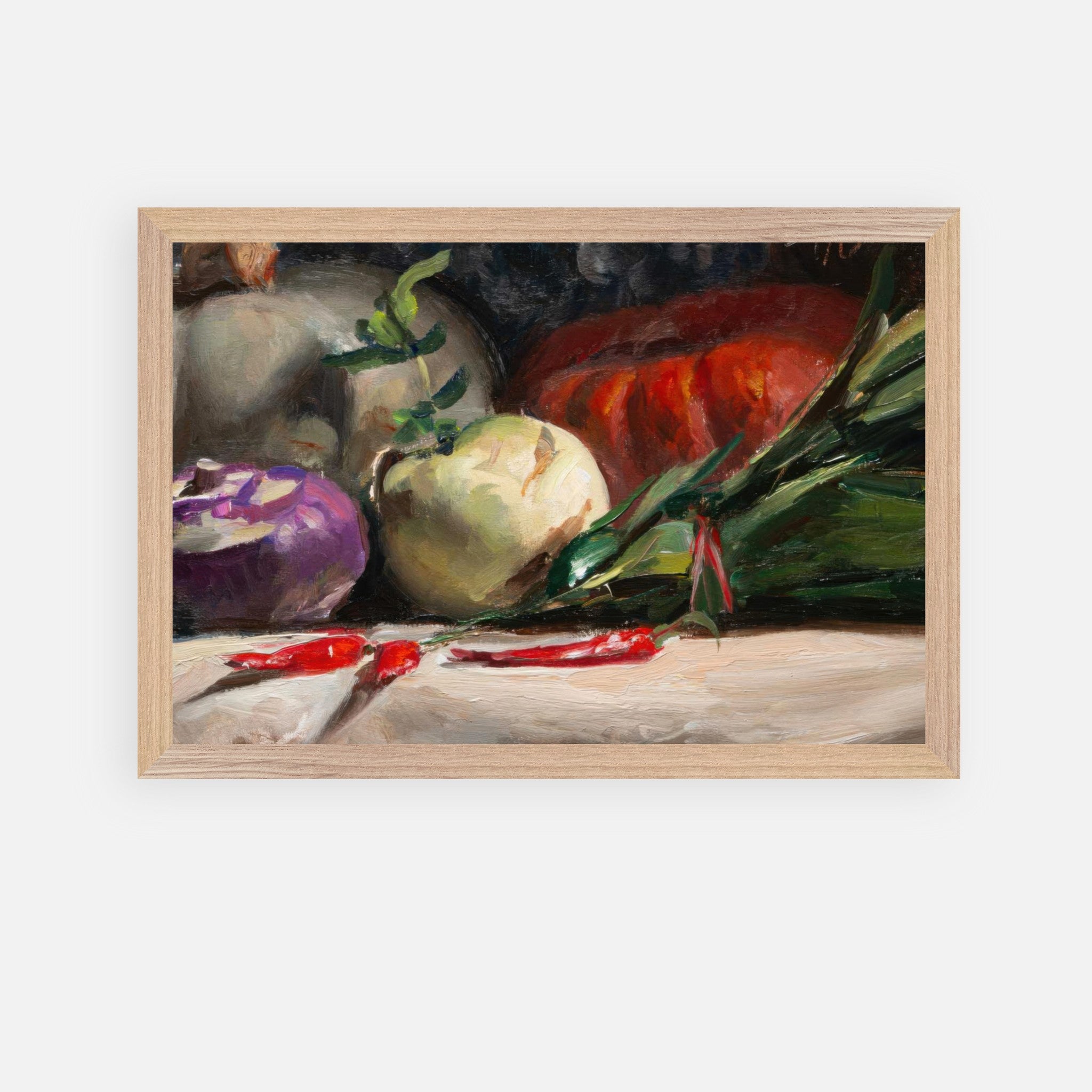 Oil painting of kohlrabi, pumpkins, and chilis in a rustic arrangement, enhancing kitchen decor.