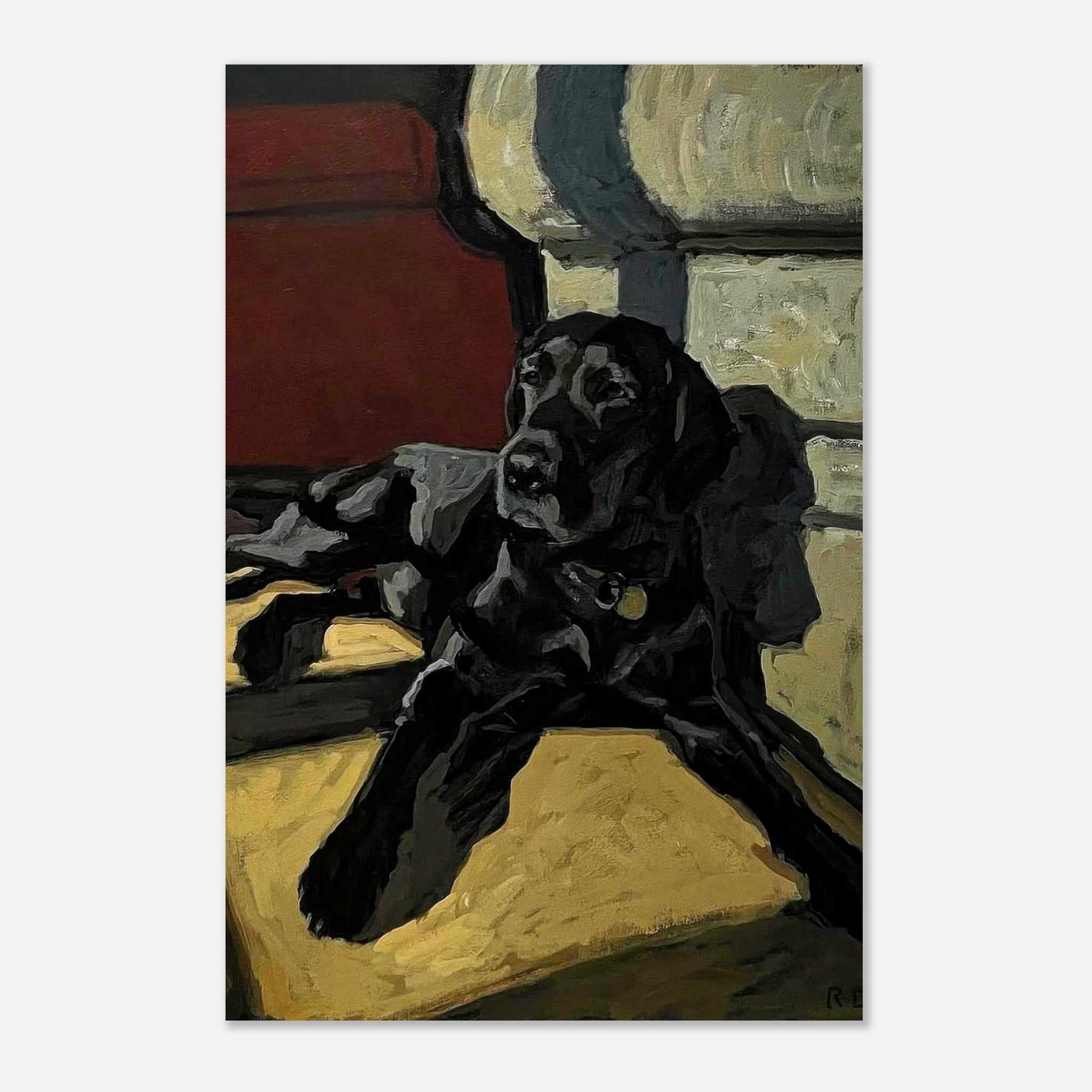 Black Labrador dog painting metal print showcasing a detailed black Lab resting in a warm, serene setting.