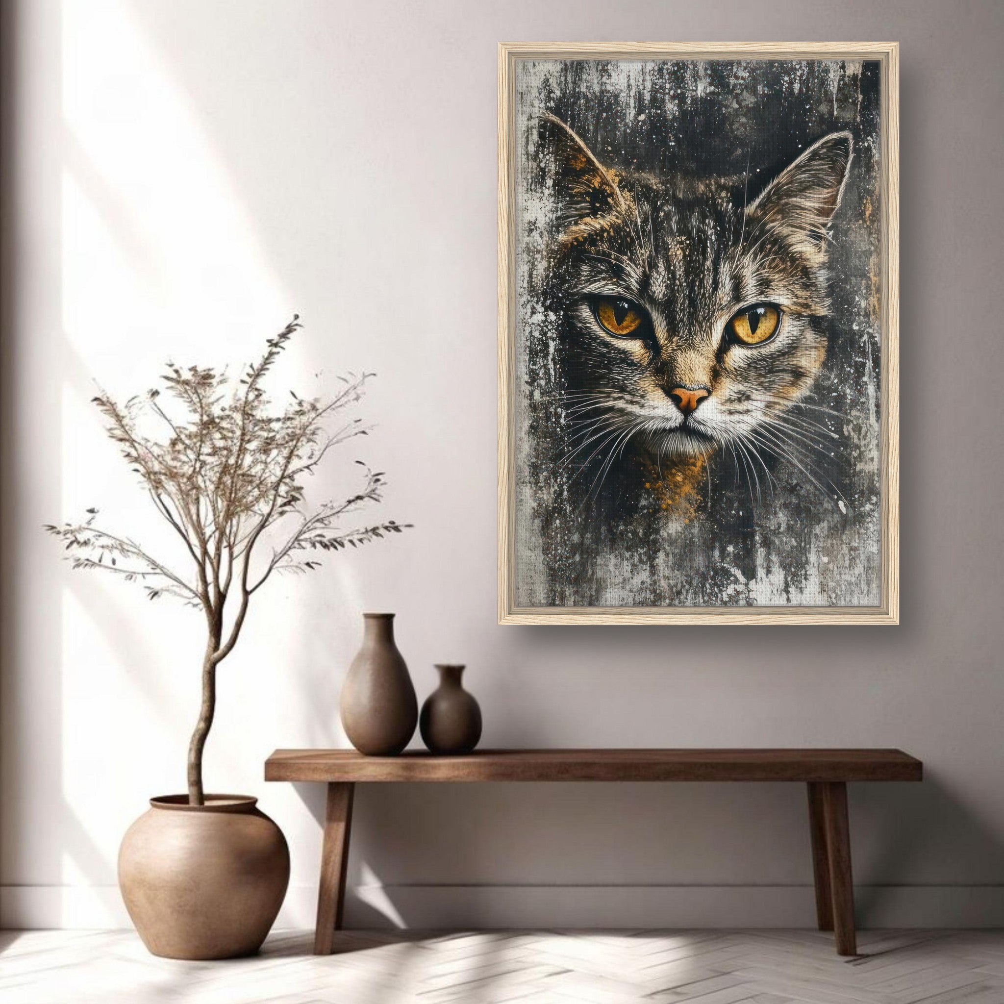 Framed cat painting artwork showcasing a cat's intense gaze in a modern living room setting.