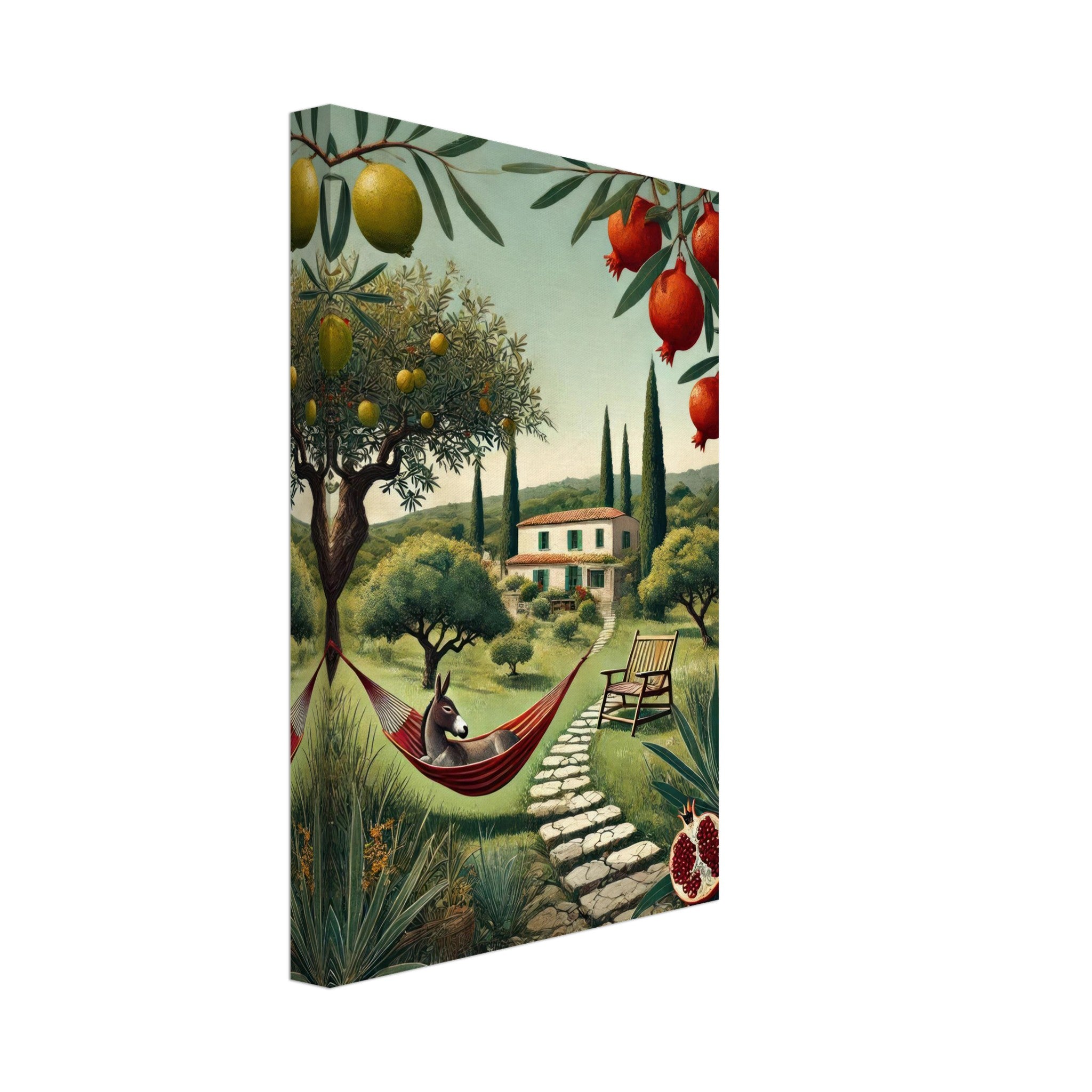 Mediterranean rural landscape canvas print featuring a hammock, trees, and a rustic villa, perfect for home decor.