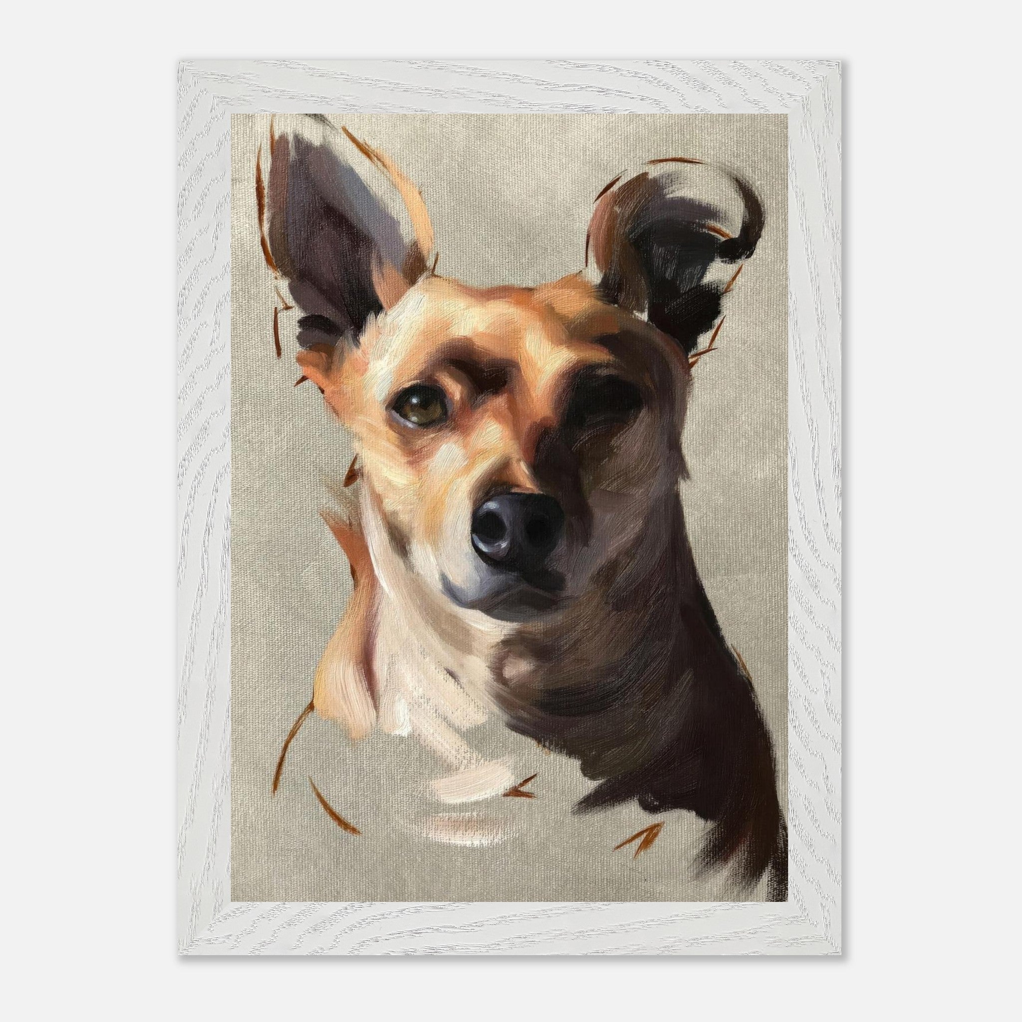 Chihuahua dog painting in vintage frame, showcasing expressive brushstrokes and warm colors for home decor.