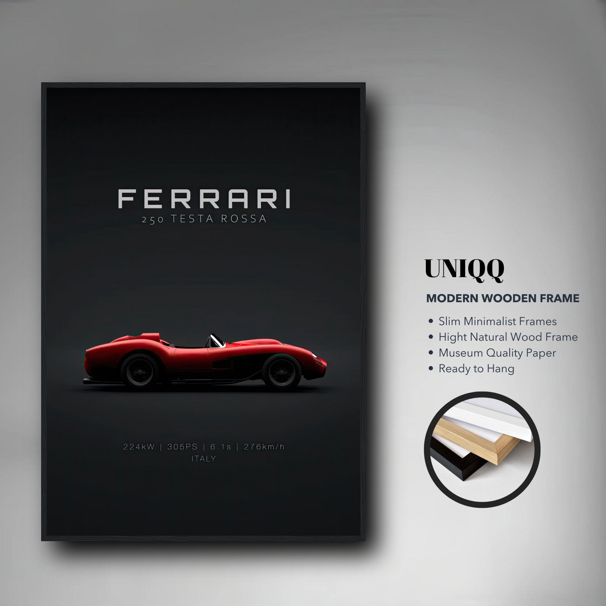 Ferrari 250 Testa Rossa framed poster showcasing classic car design against a sleek black background.