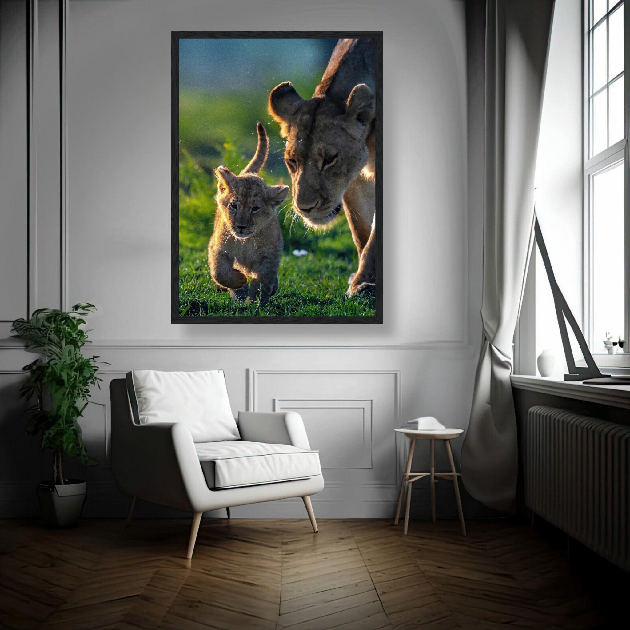 Protective Lion Mother framed print featuring a lioness and her cub in a vibrant, cozy living room setting.