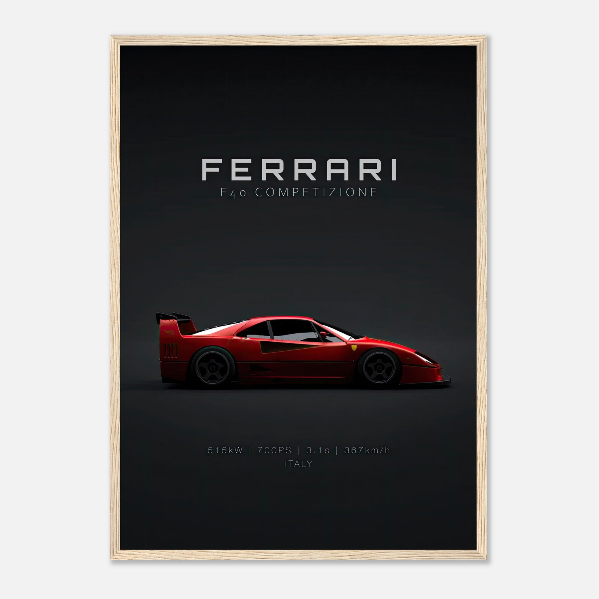 Ferrari F40 Competizione framed poster showcasing the iconic red supercar against a minimalist dark background.